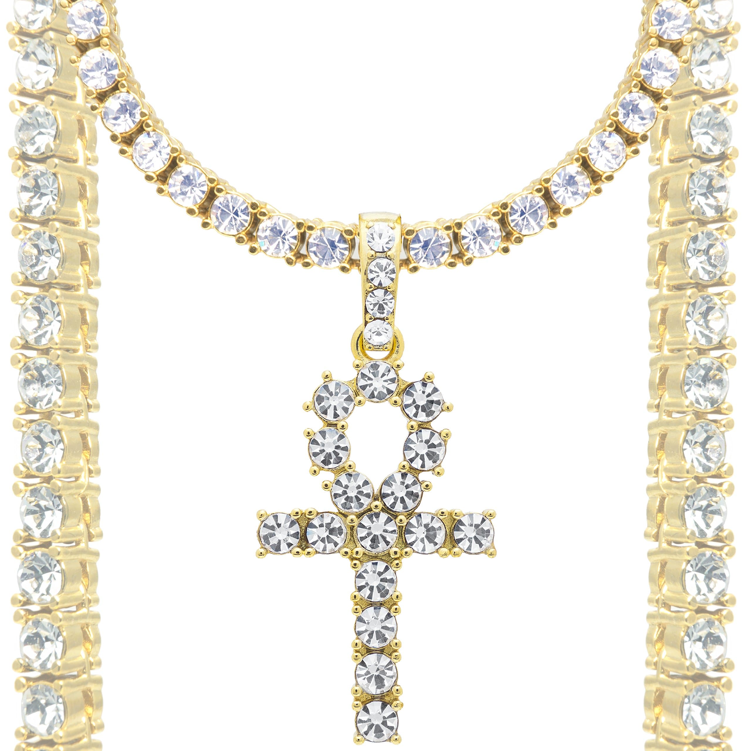 DubaiLink Diamond Ankh Cross Pendant 18k Gold + Chain & Gift Box