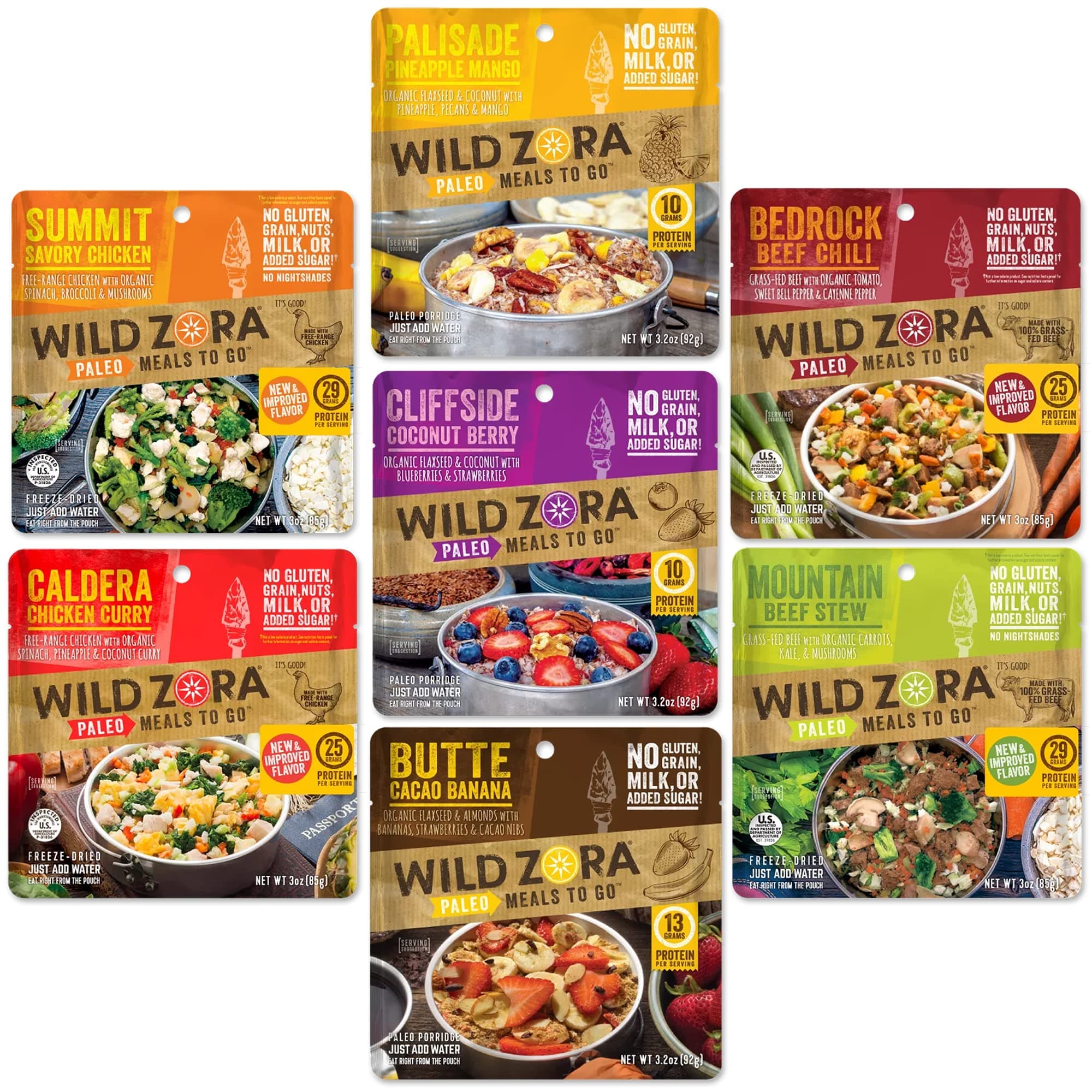 Paleo Freeze Dried Meals for Backpacking & Camping - Healthy Gluten Free & Grain Free Camping Meals/Backpacking Food + No Added Sugar - Includes Breakfast & Dinner Options (Variety 7-pack)