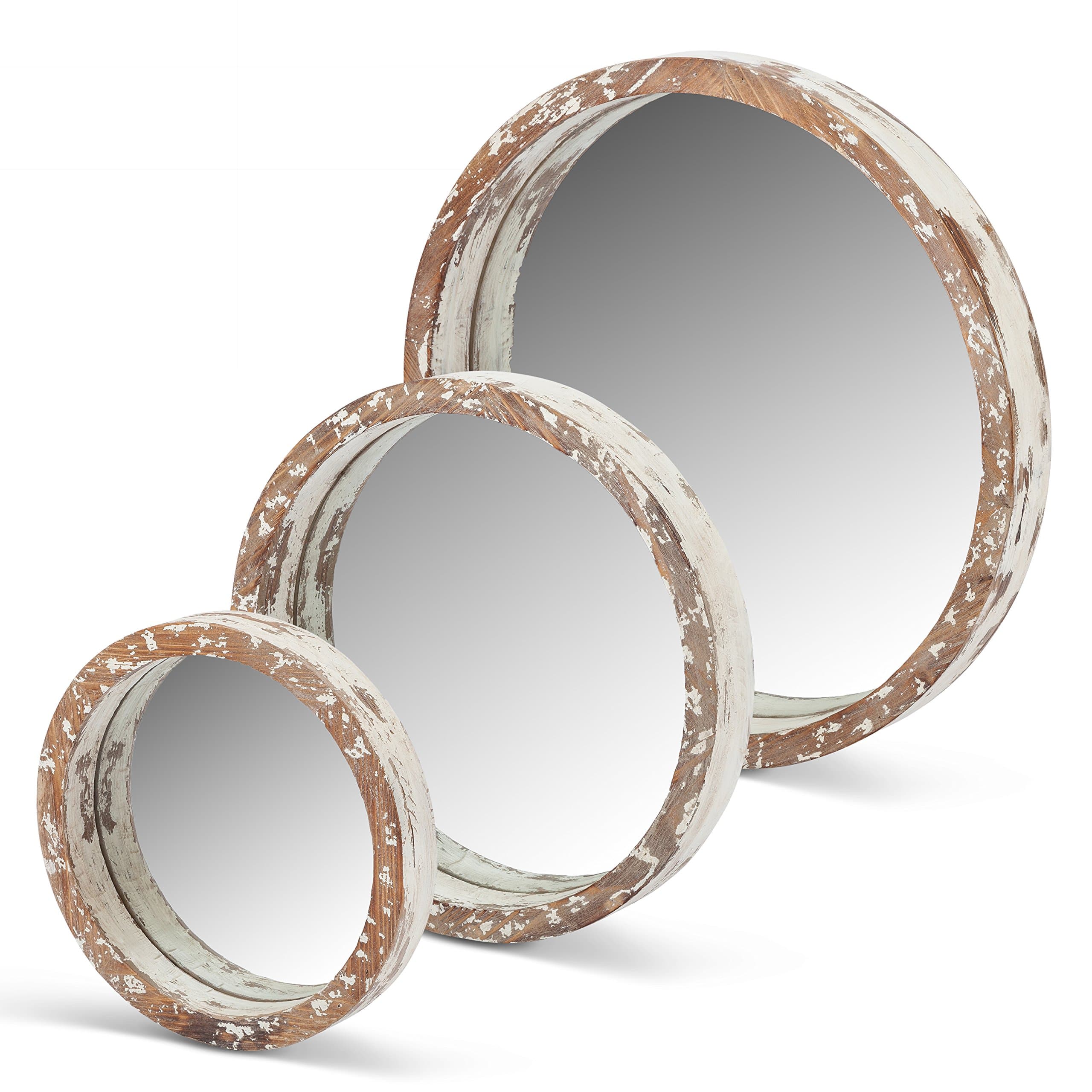 Lone Elm White Wood Round Mirrors (Set of 3), 22" x 19" x 2"