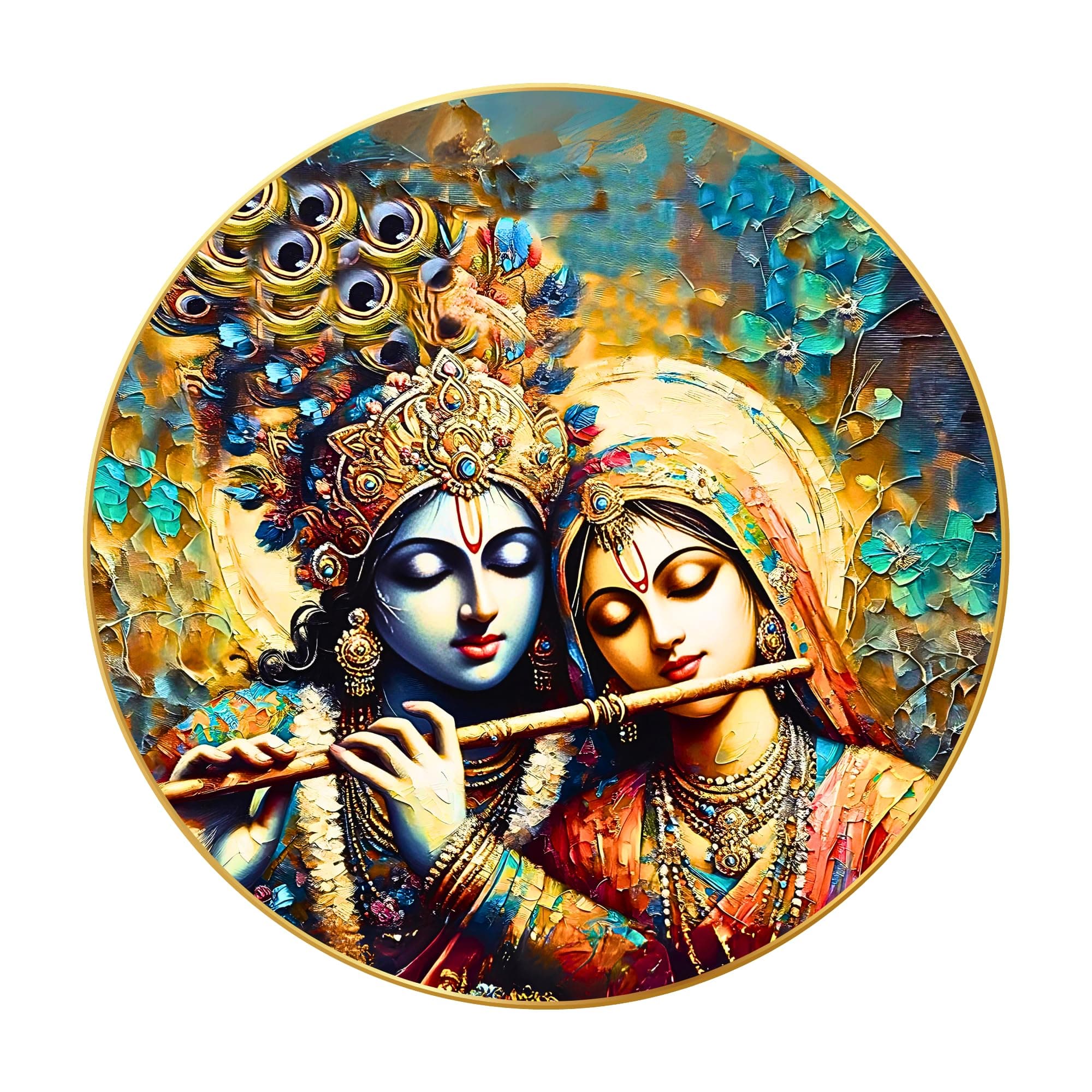 Nozvera Modern Radha Krishna Wall Painting with Frame - Sparkle Glossy Round Golden Framed Large Painting for Office, Living Room, Bedroom, Home Wall Decoration (Design 15, 60 cm * 60 cm)