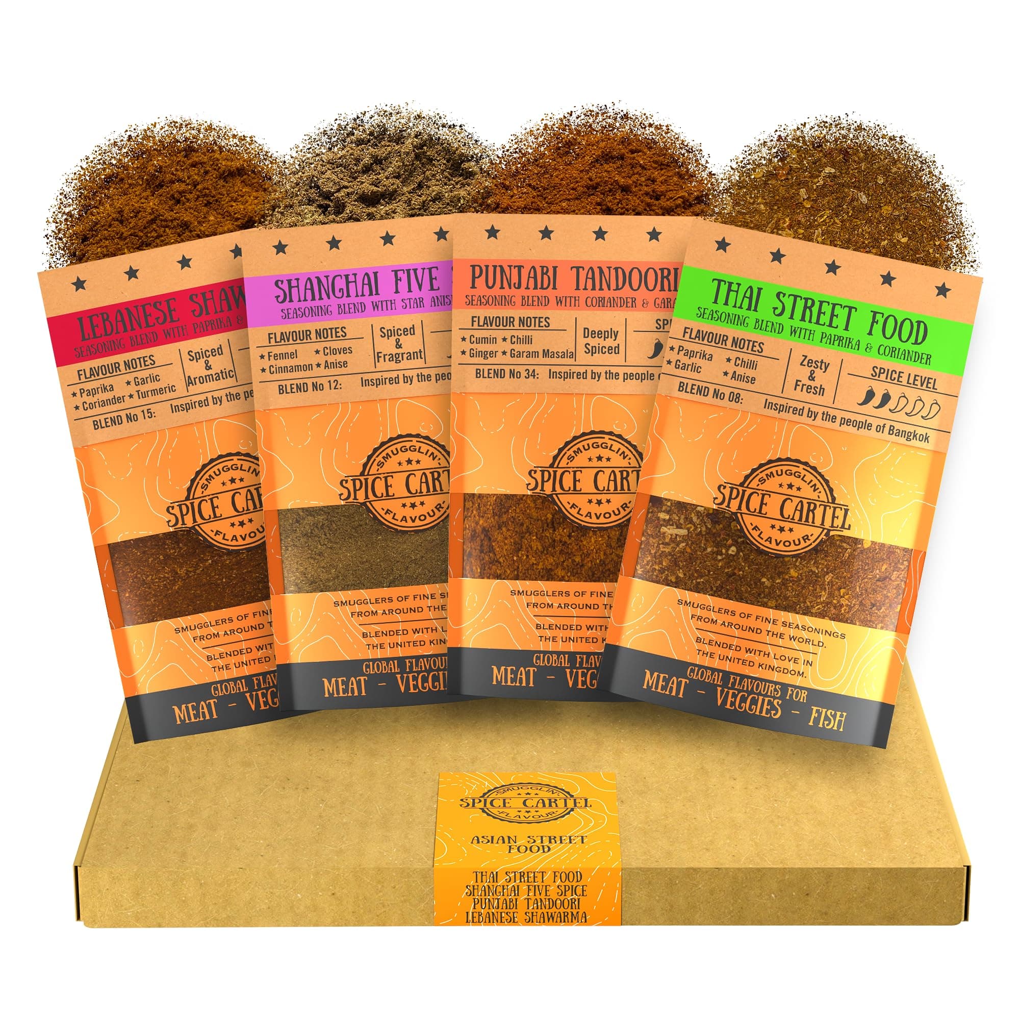 Spice Cartel's Asian Street Food Gift Box Collection of Artisanal Herb & Spice Blends from Across Asia. Hand Made with Love in The UK. 4 * 35g Resealable Pouches.