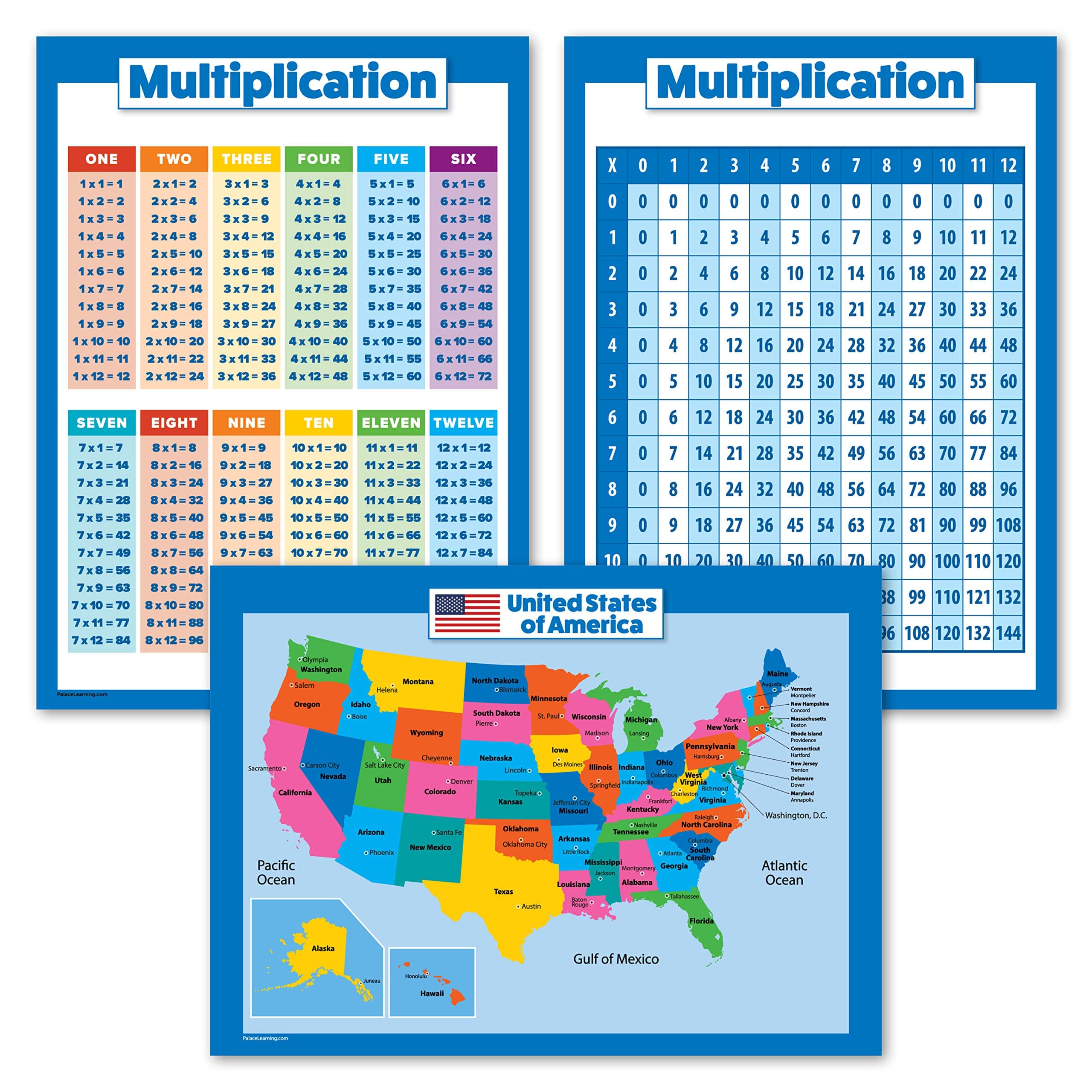 Palace Learning 3 Pack: Multiplication Tables + USA Map for Kids Poster + Set of 3 Educational Posters (LAMINATED, 18" x 24")