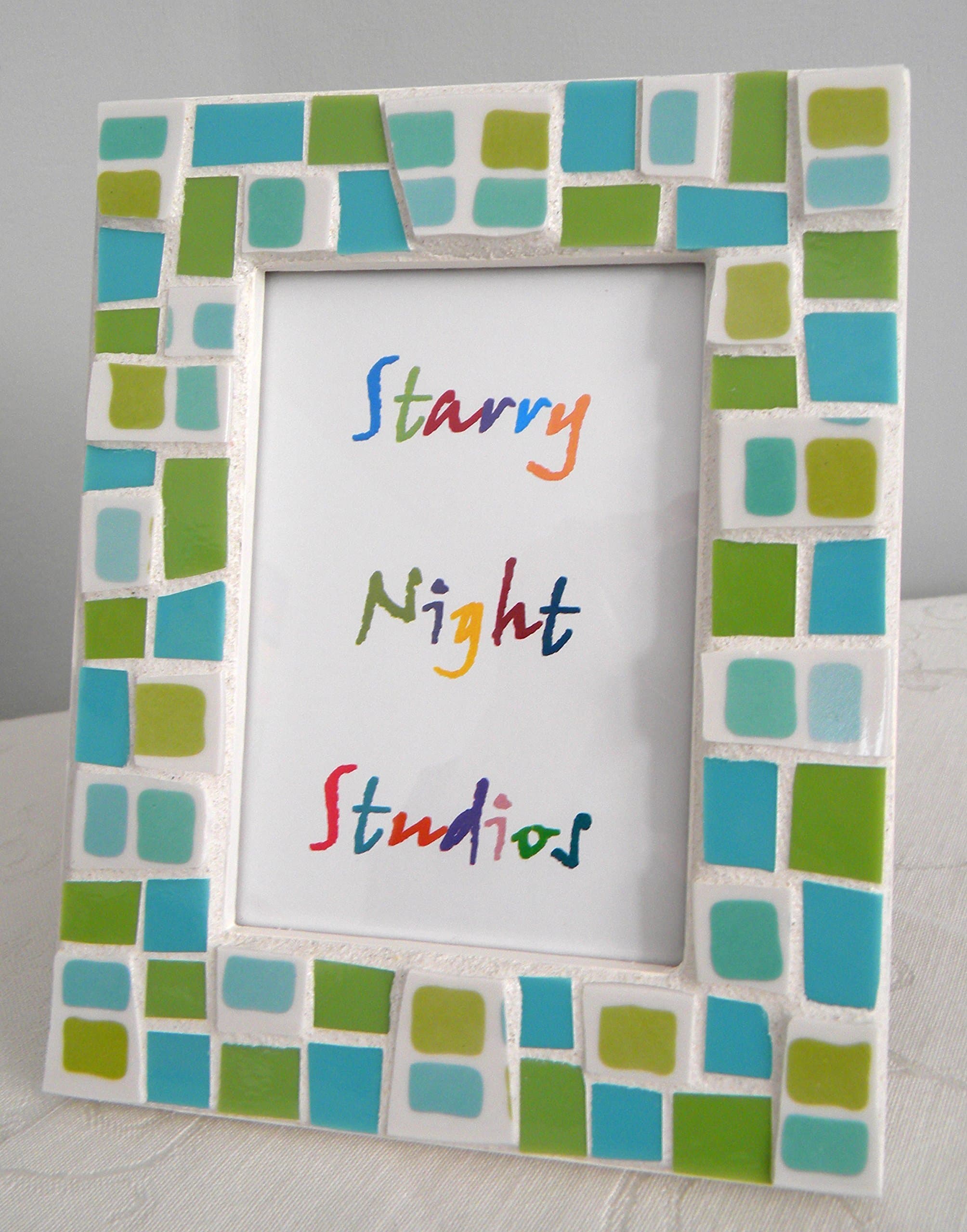 Mosaic Picture Frame - Lime Green and Turquoise Stained Glass and Broken China