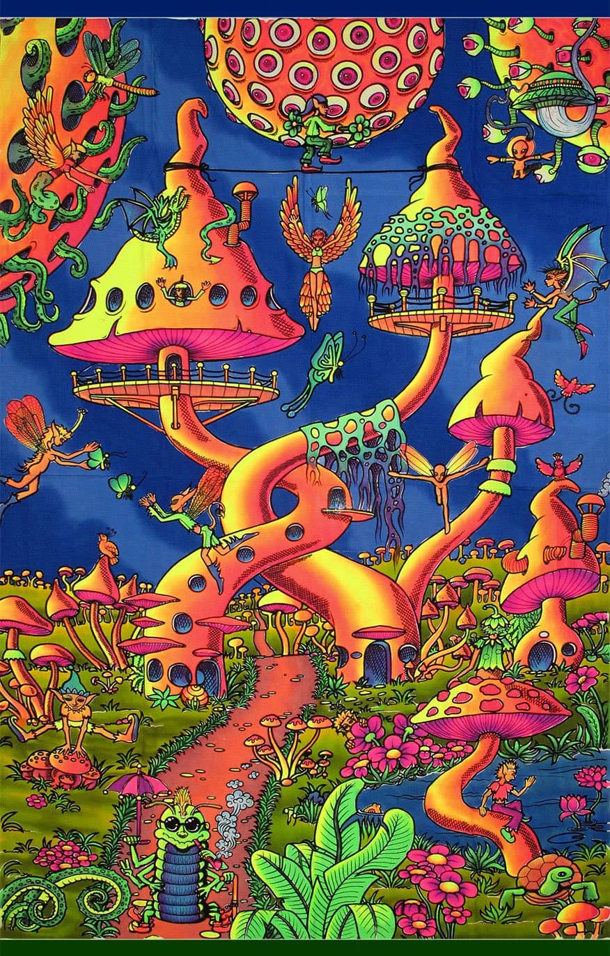Space Tribe Psychedelic Tapestry 'Pixie Party' - Hand-Painted and Silkscreen Batik Wall-Hanging - UV Active Wall-Hanging -Trippy Wall Art - Black Light Active Trippy Tapestry - Fantasy Tapestry