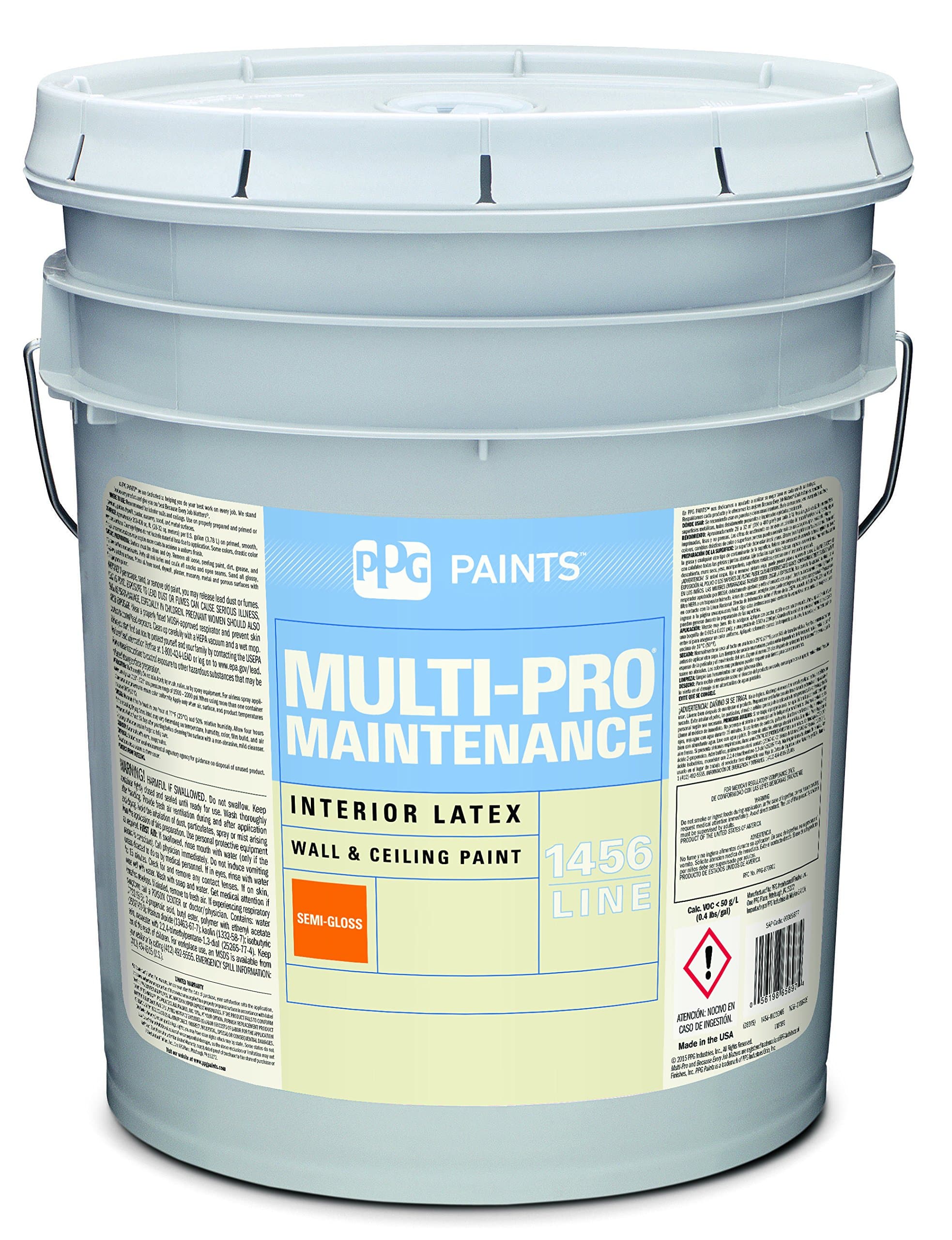 Latex Paint, White, Semi-Gloss, 5 gal, Multi-Pro Maintenance, Interior Paints for Rooms