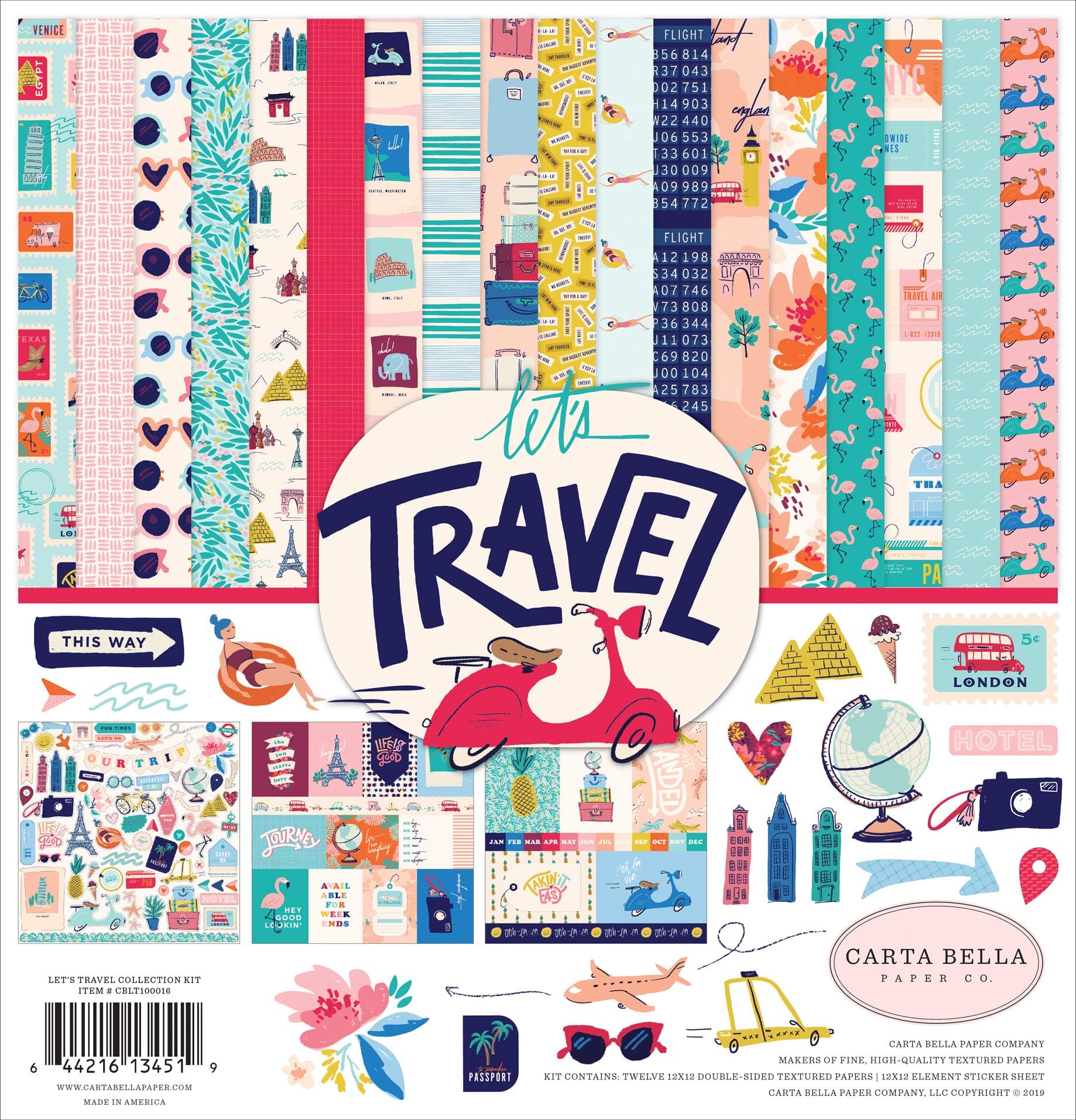 Carta Bella Paper Company Let's Travel Collection Kit paper, pink, purple, orange, blue, green, black