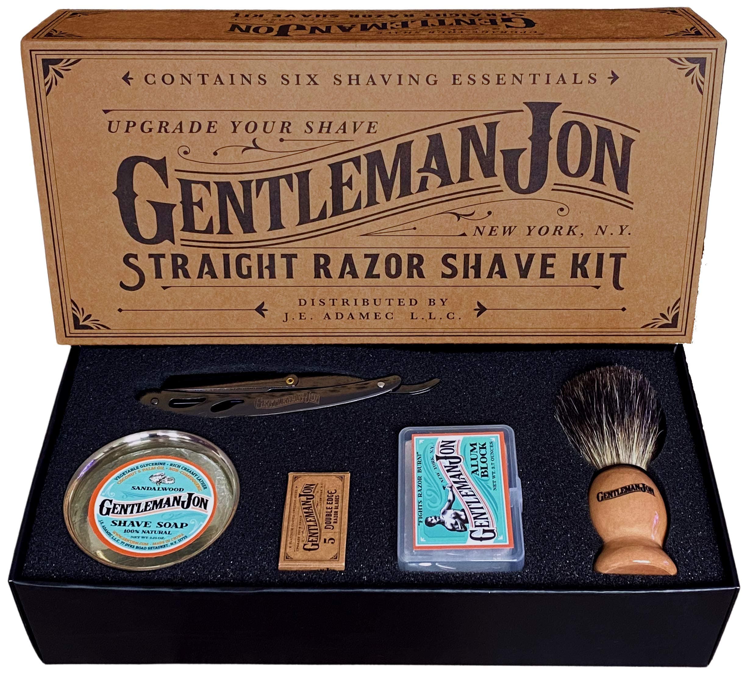 Gentleman Jon Straight Razor Shaving Kit - Vintage Wet Shave Grooming Set, Includes Straight Edge Razors for Men, Badger Hair Shaving Brush, Alum Block, Shave Soap, Bowl & Double Edge Safety Blades