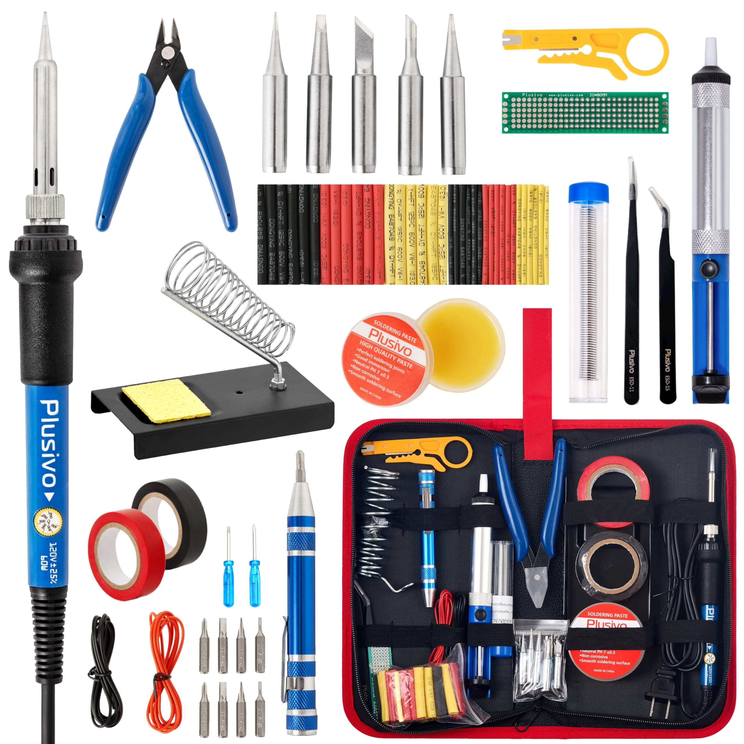 Plusivo Soldering Iron Kit - Soldering Iron 60W Adjustable Temperature, Solder Wire, Soldering Stand, Wire Cutter, Solder Tips, Desoldering Pump, Tweezers, Solder Paste, Heatshrink Tubes