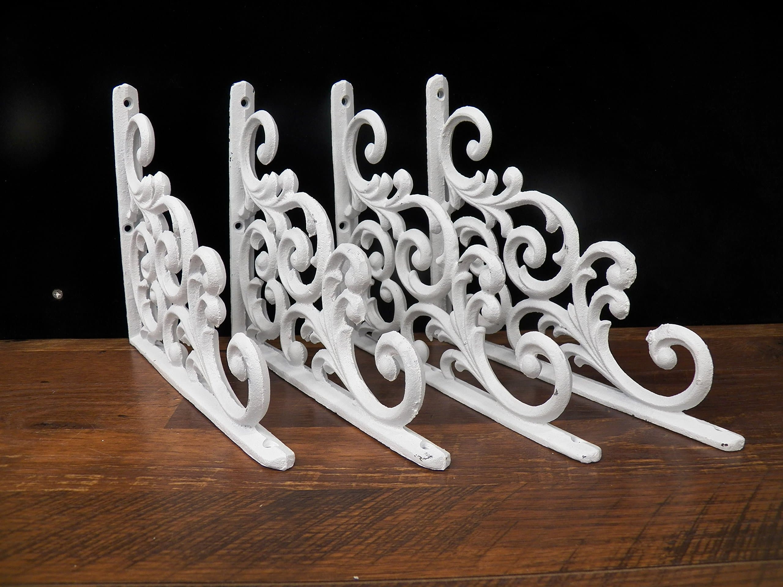 Lot/Set 4 Antique-Style Paintable Chippy White/Off White Cast Iron Fancy 9 1/4" x 7 3/8" SHELF BRACKETS Hangers
