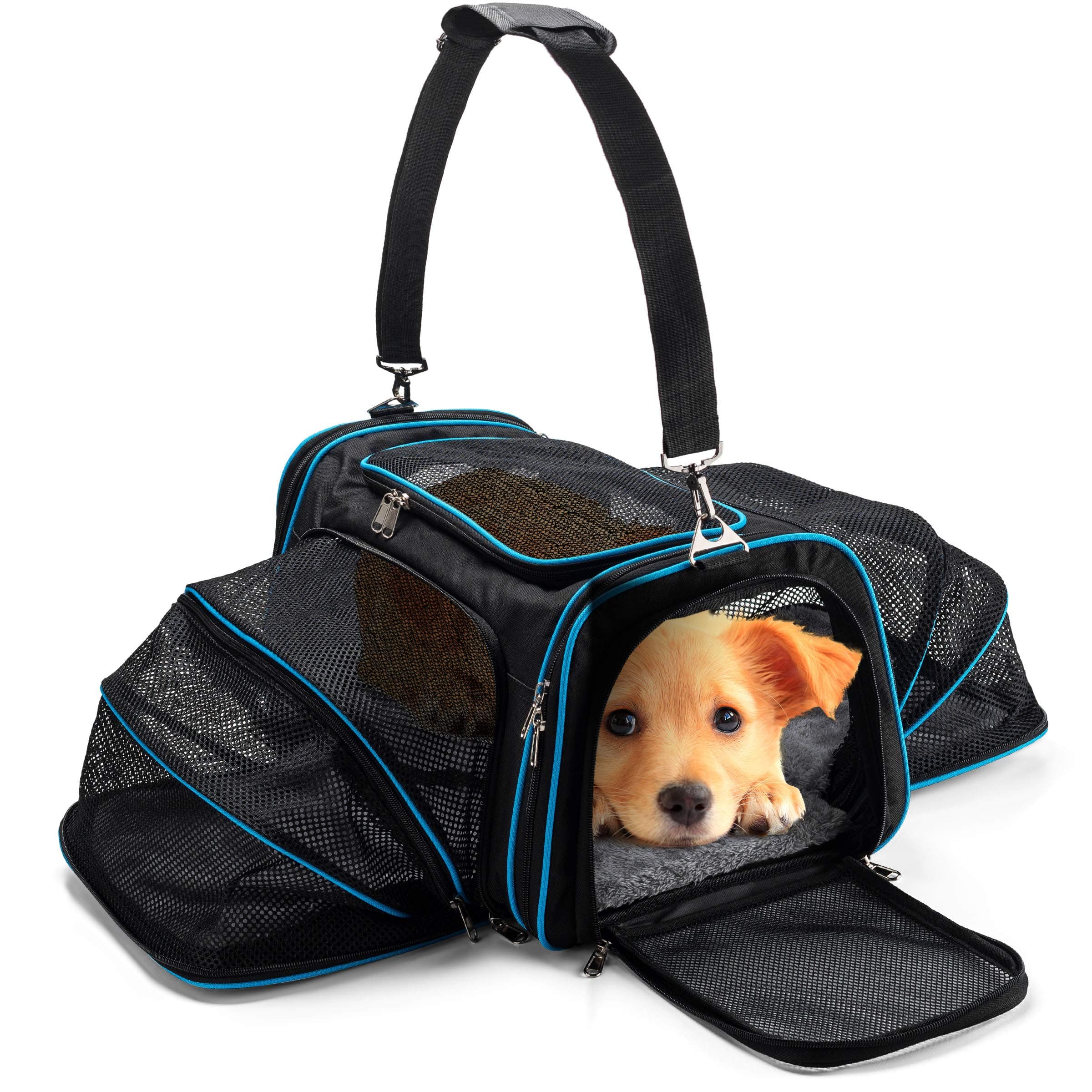 Airline Approved Pet Carrier Bag, Dual Expandable Travel Dog Carrier Bag for Small Dogs, Cats, Puppies, Kittens etc. Premium 600D Oxford Material, with Comfortable Plush Mat, Extra Strong Structure