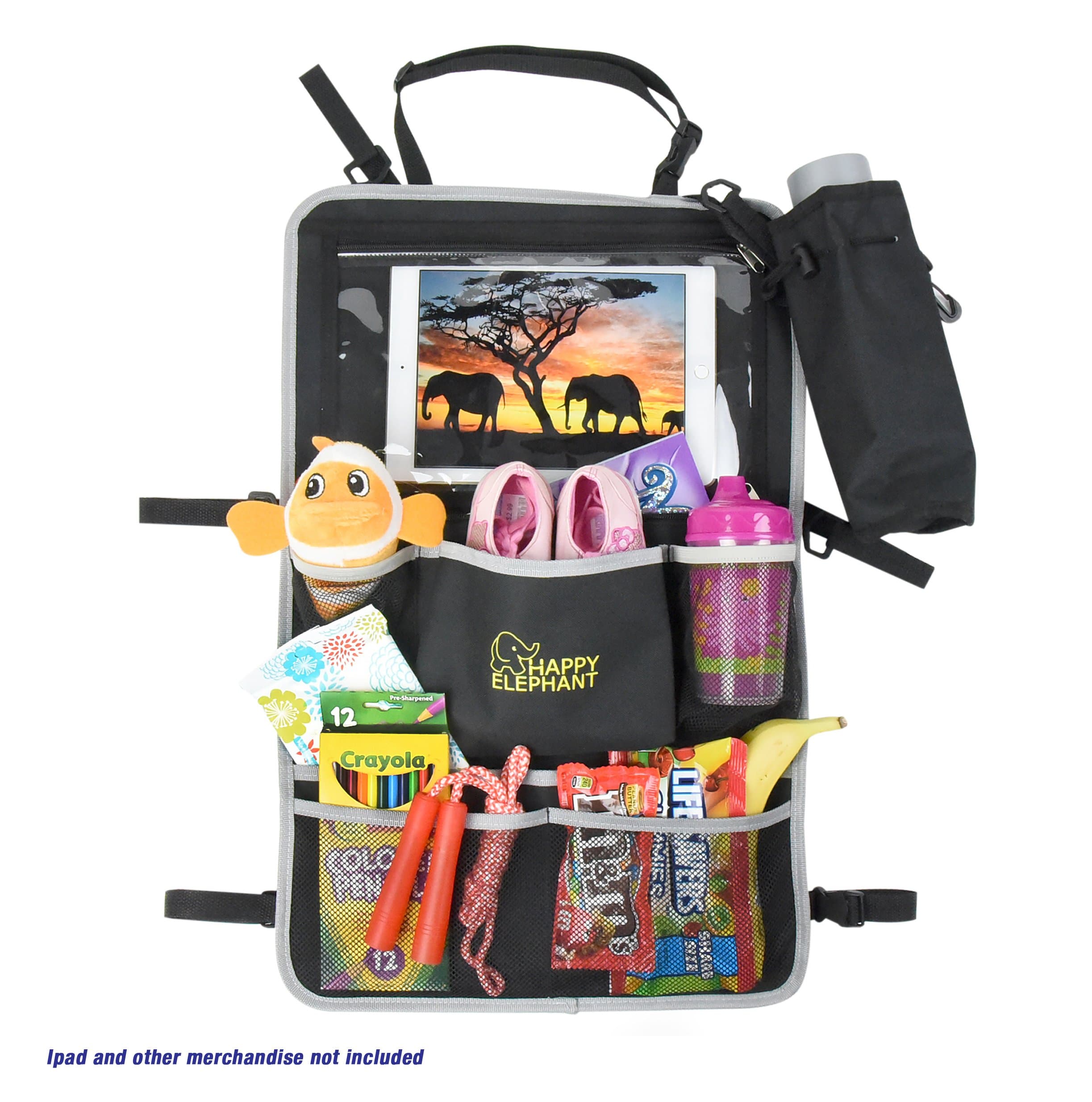 Back Seat Car Organizer and Universal Stroller Baby Bag – Large Tablet Holder – Easy to Install Organization for Kids – Perfect for Toy Storage, Car Accessories + BONUS Bottle Bag by Happy Elephant