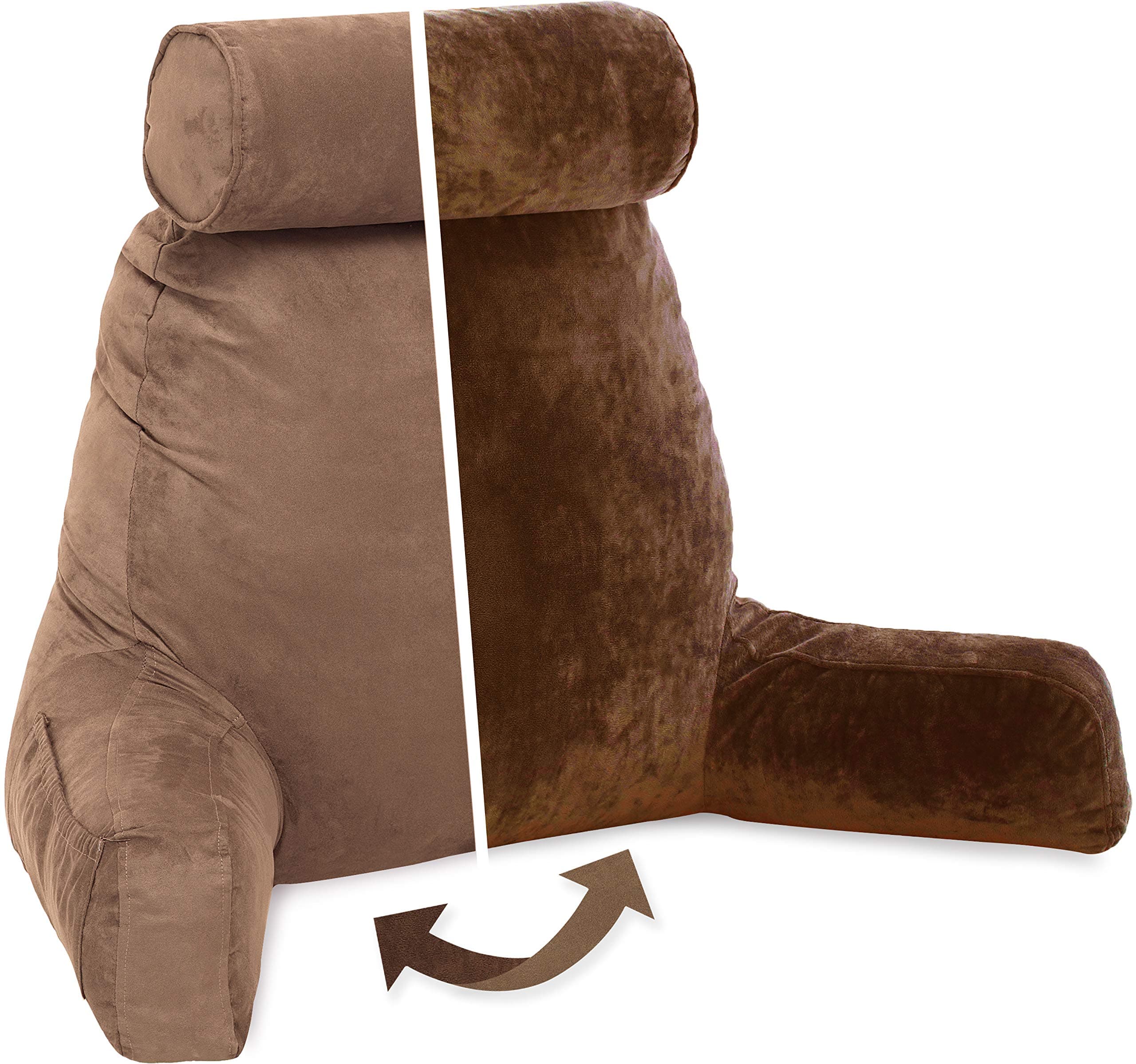 Husband PillowAspen Edition - Reading and Bed Rest Pillow with Arms - Neck Roll on Bungee Cord or Removable - Premium Memory Foam - Reversible Two-Sided Cover Microsuede or Microfiber, Saddle Brown