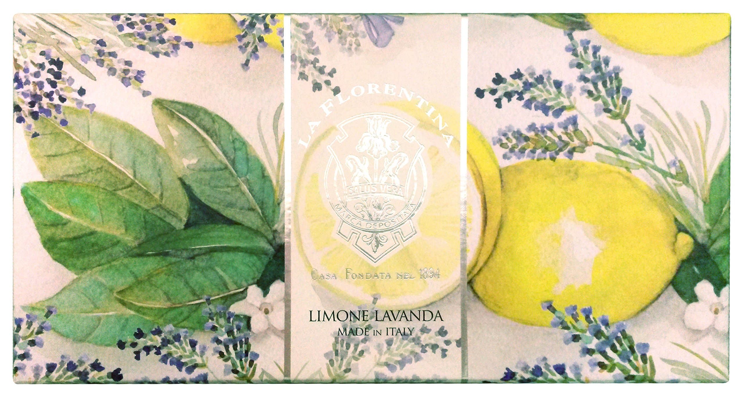 "Limone Lavanda" Bar Soaps, Lemon Lavender Scent, "Bellosguardo" Collection - Pack of 3 Soaps, 5.3 Ounces (150g) Each, Gift Box [ Italian Import ]