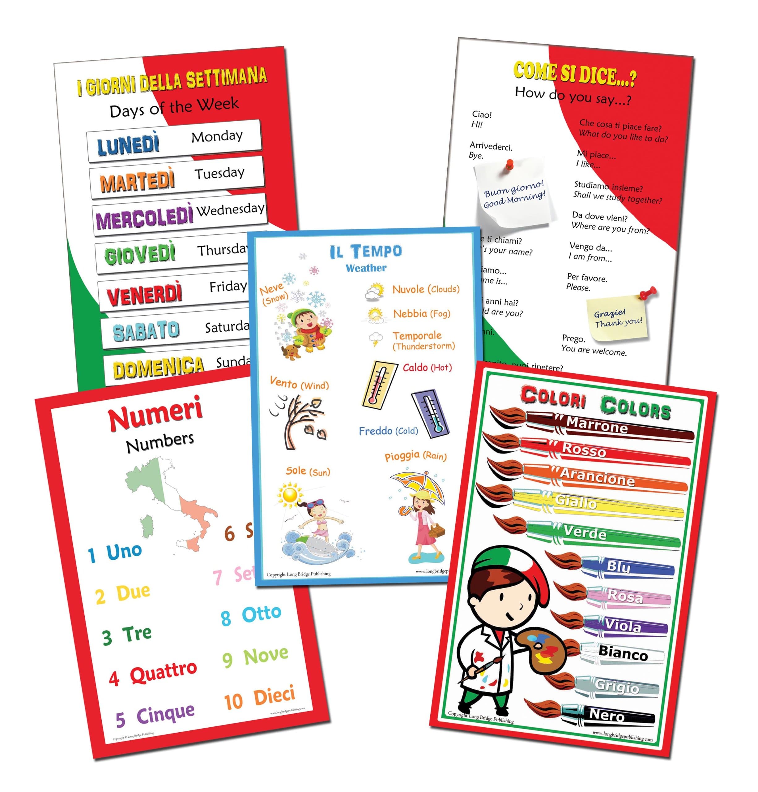 Long Bridge Publishing Italian Language School Poster Set N.1 - Assorted Bilingual Wall Charts for Classroom and Playroom (11x17 inches)