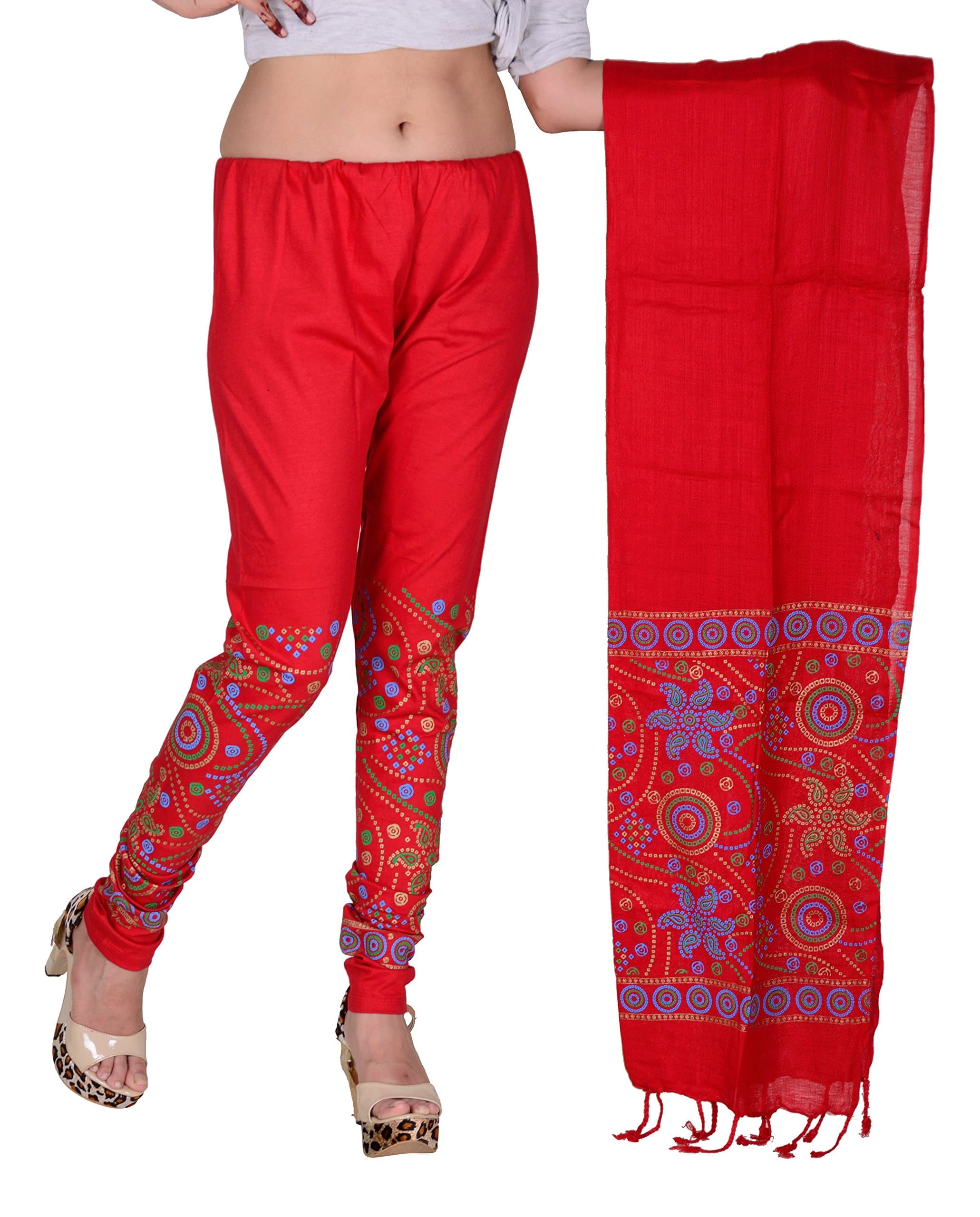 Bandhani Print Dupatta(stall) Leggings Set(Red)