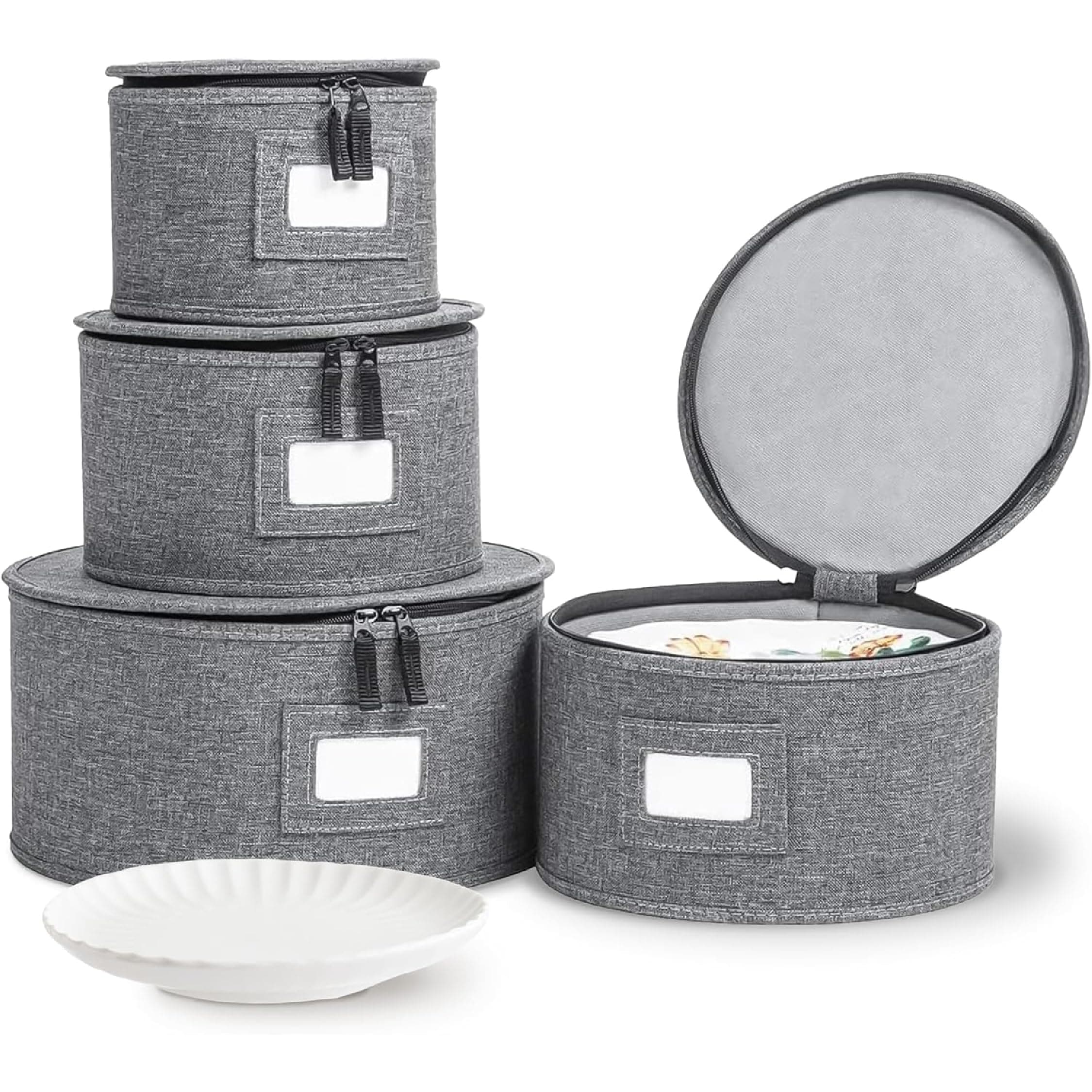 storageLAB China Storage Containers, Hard Shell Case with Felt Dividers for Charger Plates, and Dishes, Ideal for Kitchen Organization, Moving Supplies, and Fine China Storage - 4-Piece Set, Gray