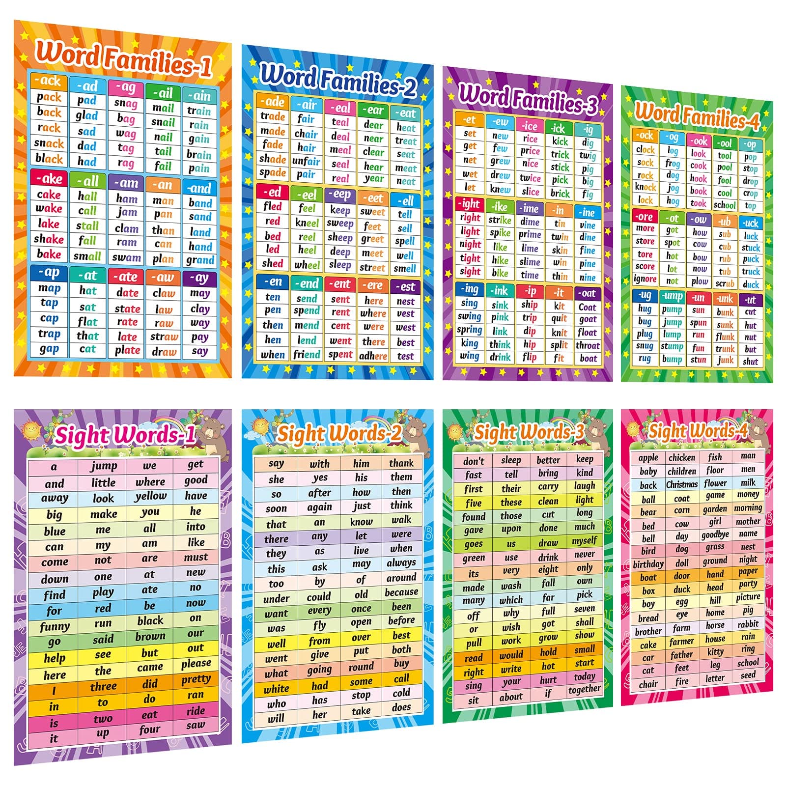 OUNENO Pack of 8 11"x17" Sight Words and Word Families Posters Classroom Decorations Learning Decor for Kindergarten Preschool Homeschooling, Back to School Supplies