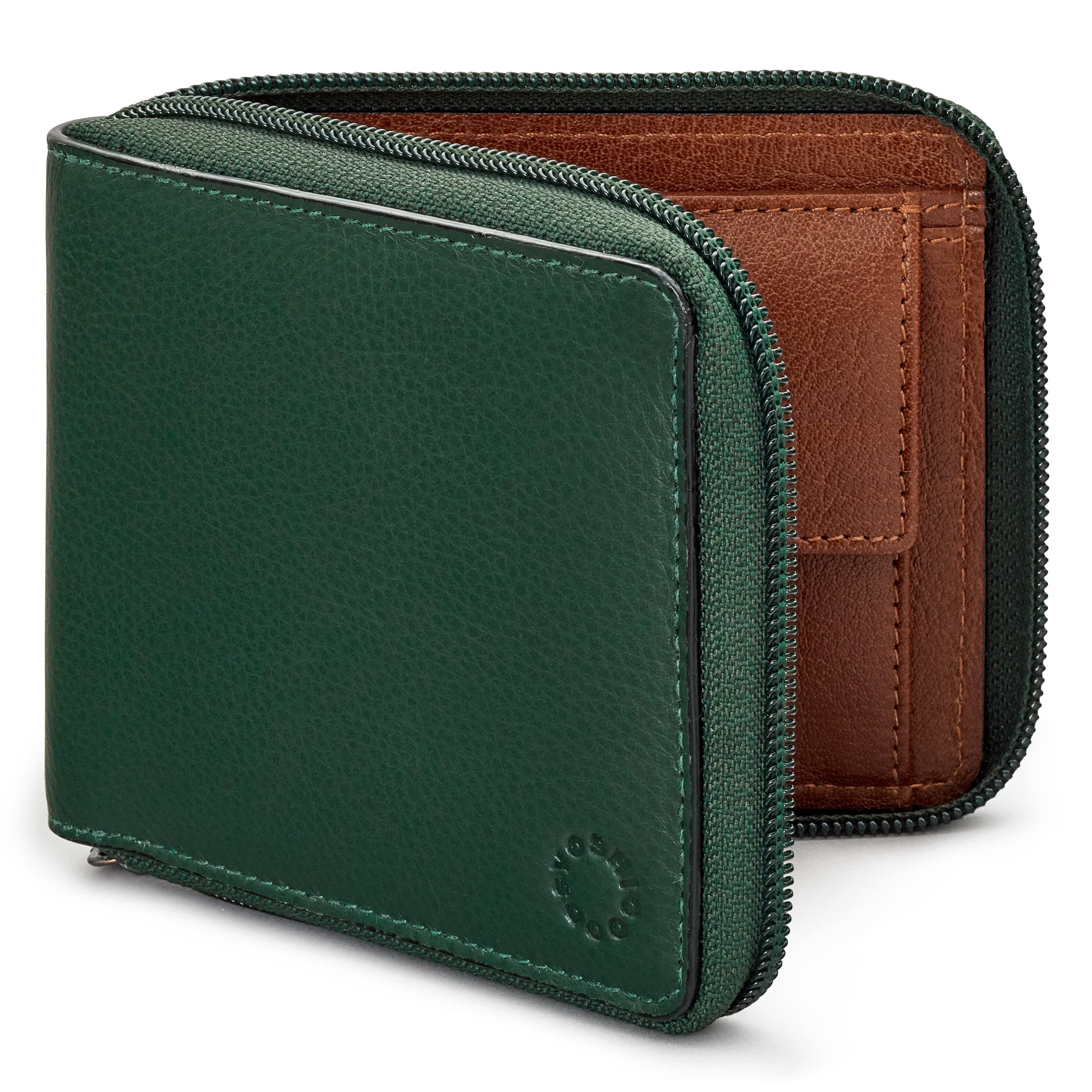 Mens RFID Blocking Full Zip Around Leather Coin Pocket Wallet (Green/Brown)