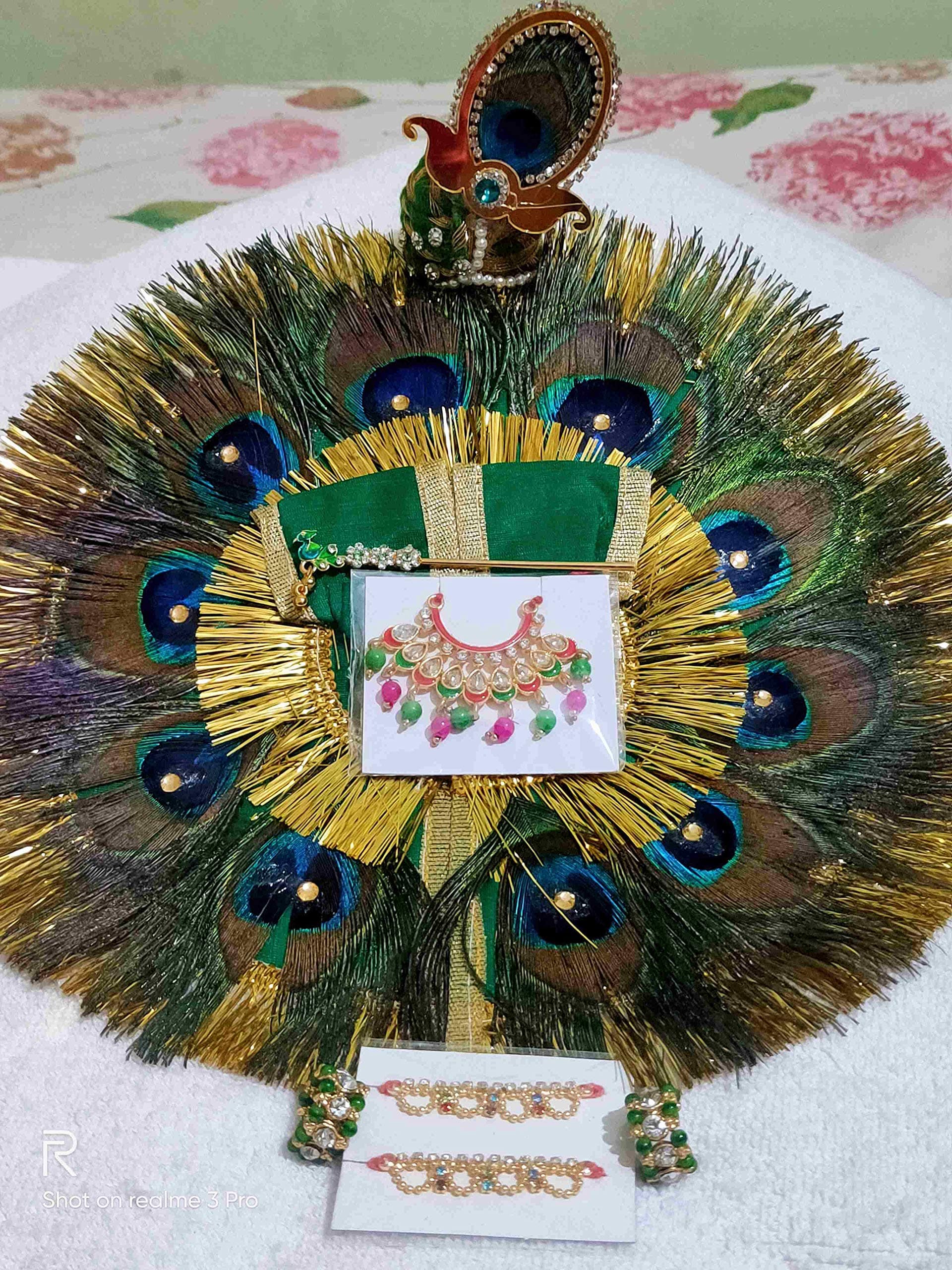 Brij Sugandha Laddu Gopal Mor Pankh Dress Size 4 + Mukut, Mala, Payal Kada & Bansuri Combo - Bal Krishna Peacock Feather Poshak - [Assorted Color]