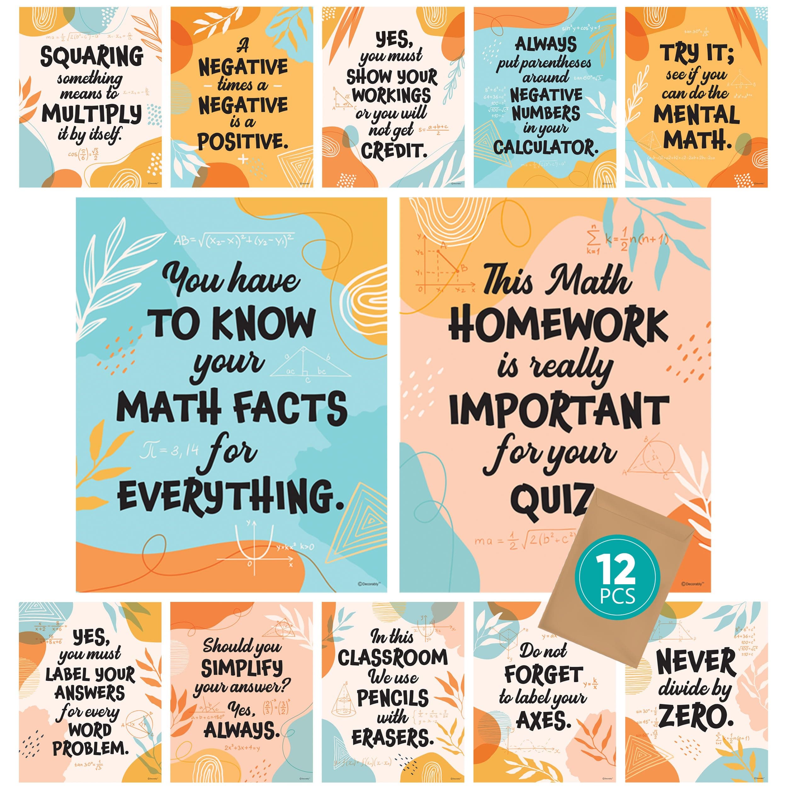 12 Math Posters for High School Classroom, 11x14in Inspirational Matte-Laminated Library Decor - for Hallways, Bulletin Boards, Home Study Room