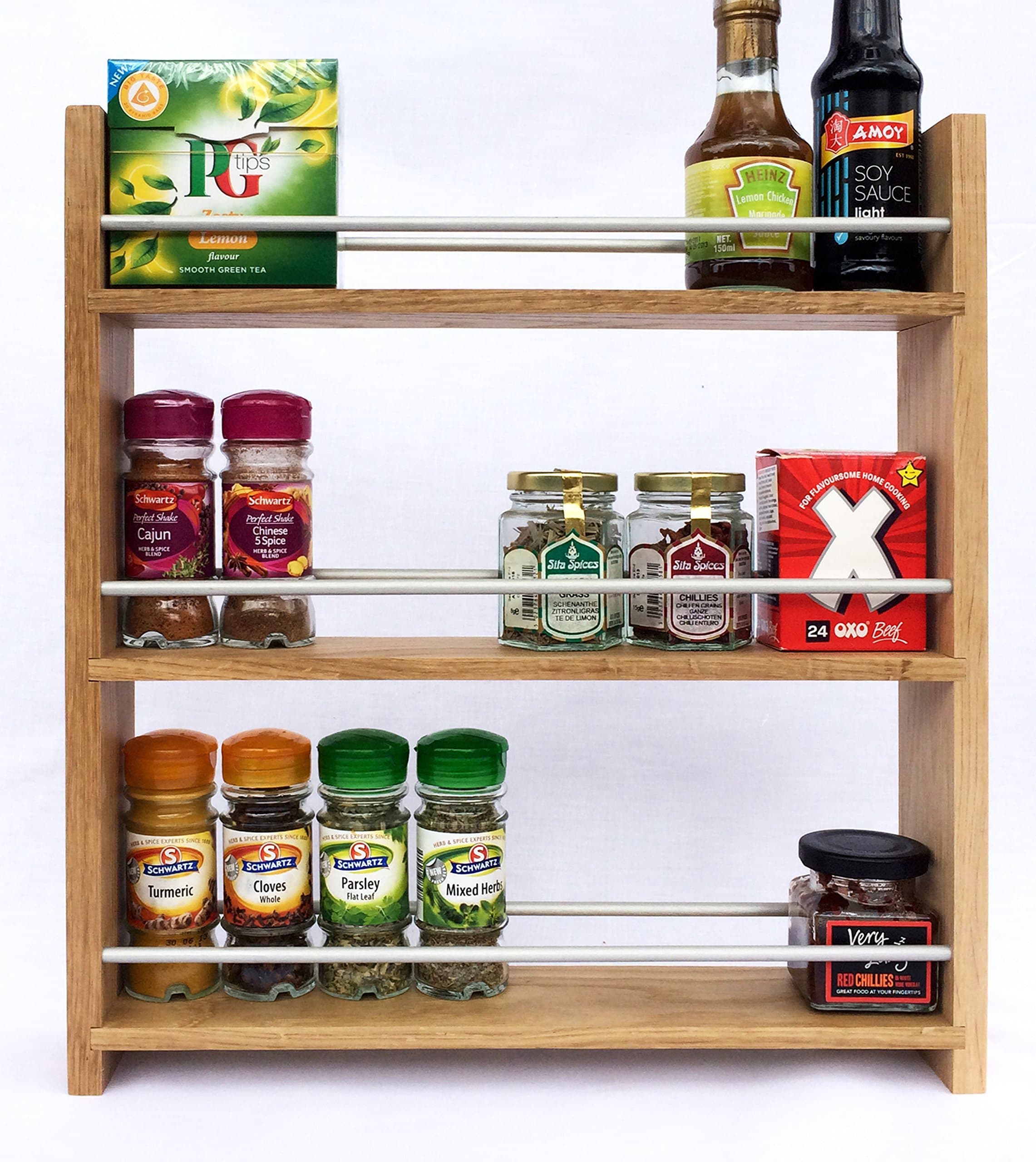 Solid Oak Spice Rack - Holds Up To 24 Spice and Herb Jars - Deep Capacity for Larger Jars and Bottles - 3 Tiers/Shelves