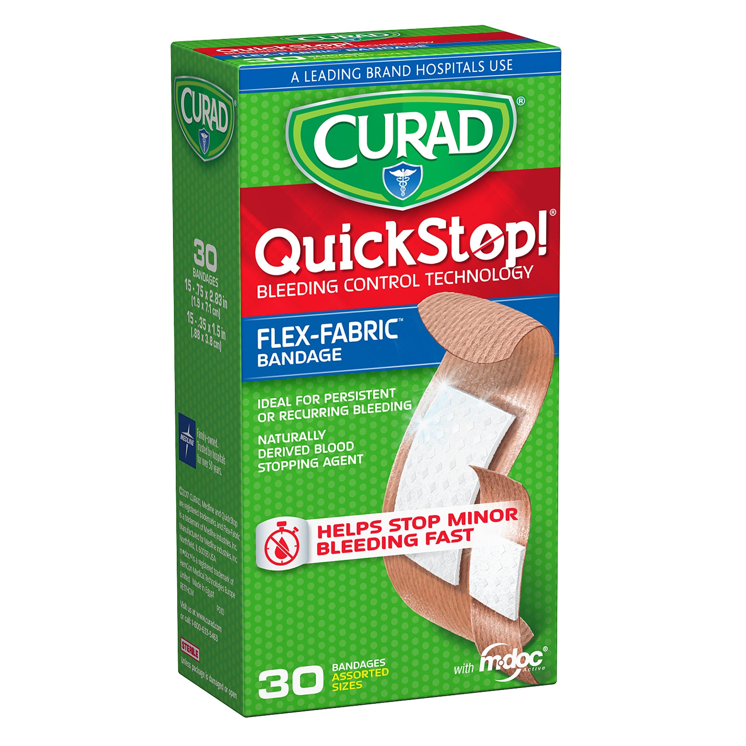 Quickstop Instant Clotting Technology Flex-Fabric Bandages, Assorted Size, 30 Count