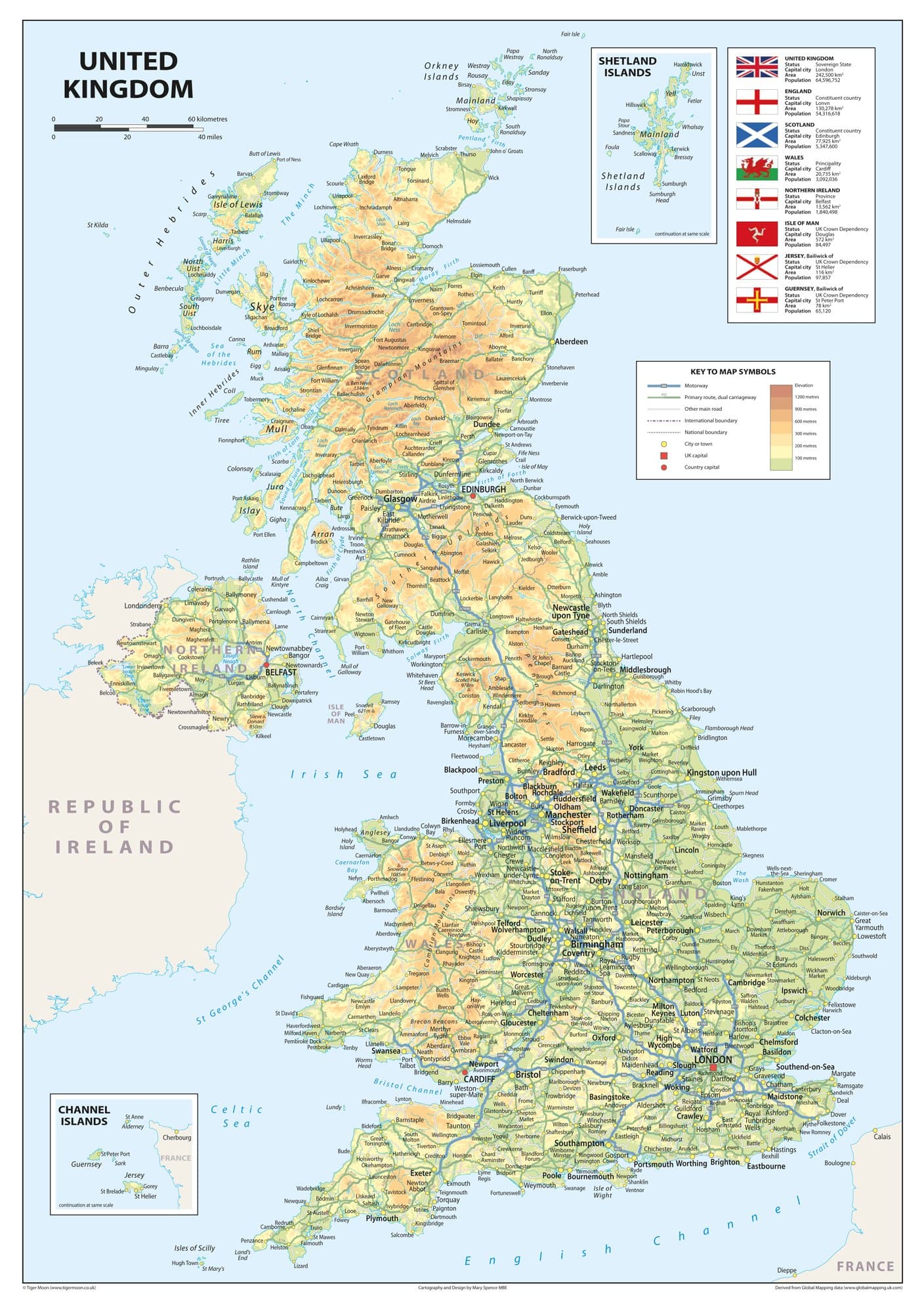 Detailed Physical Map of the United Kingdom of Great Britain and Northern Ireland - Size A2-42 x 59.4 cm - Paper Laminated