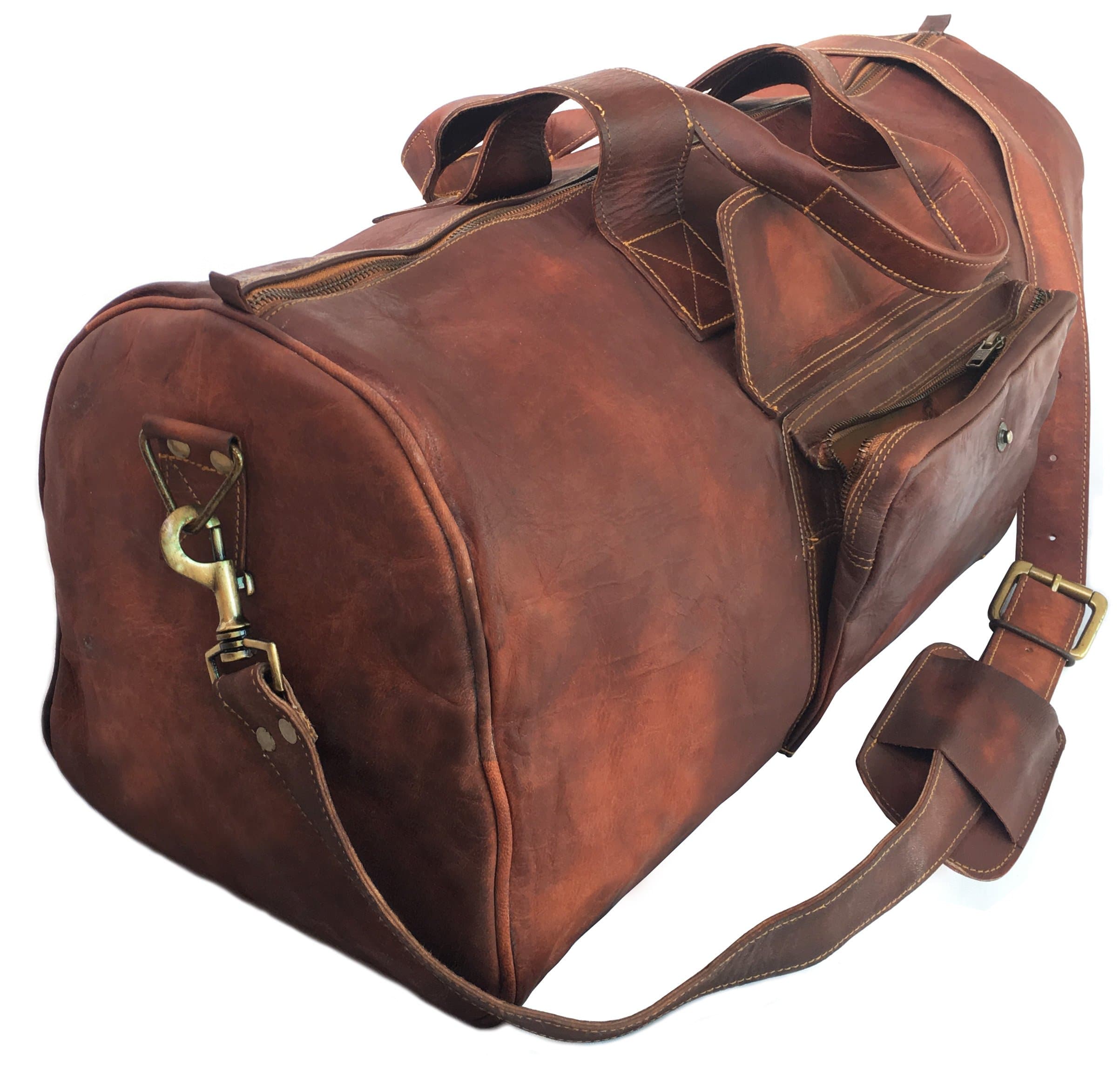 Rustic Goat Leather Duffel Bag - Vintage Travel Bag, Brown, 24 Inch by KK's Leather