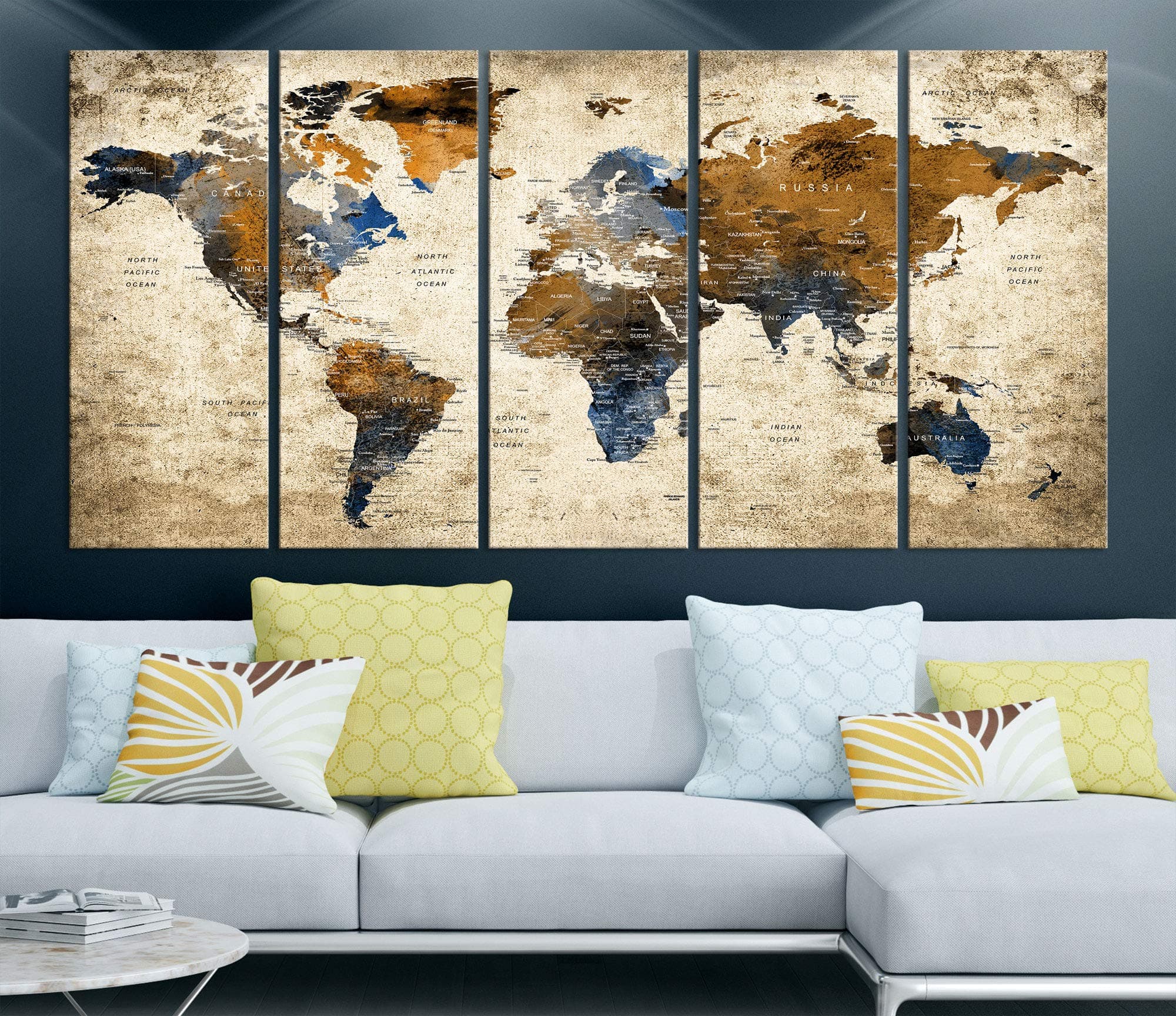 Modern Large Abstract GRUNGE Brown Dark Blue Wall Art World Map Canvas Print for Wall Decor - Wall Art Canvas Print for Home and Living Room Decor - Ready to Hang