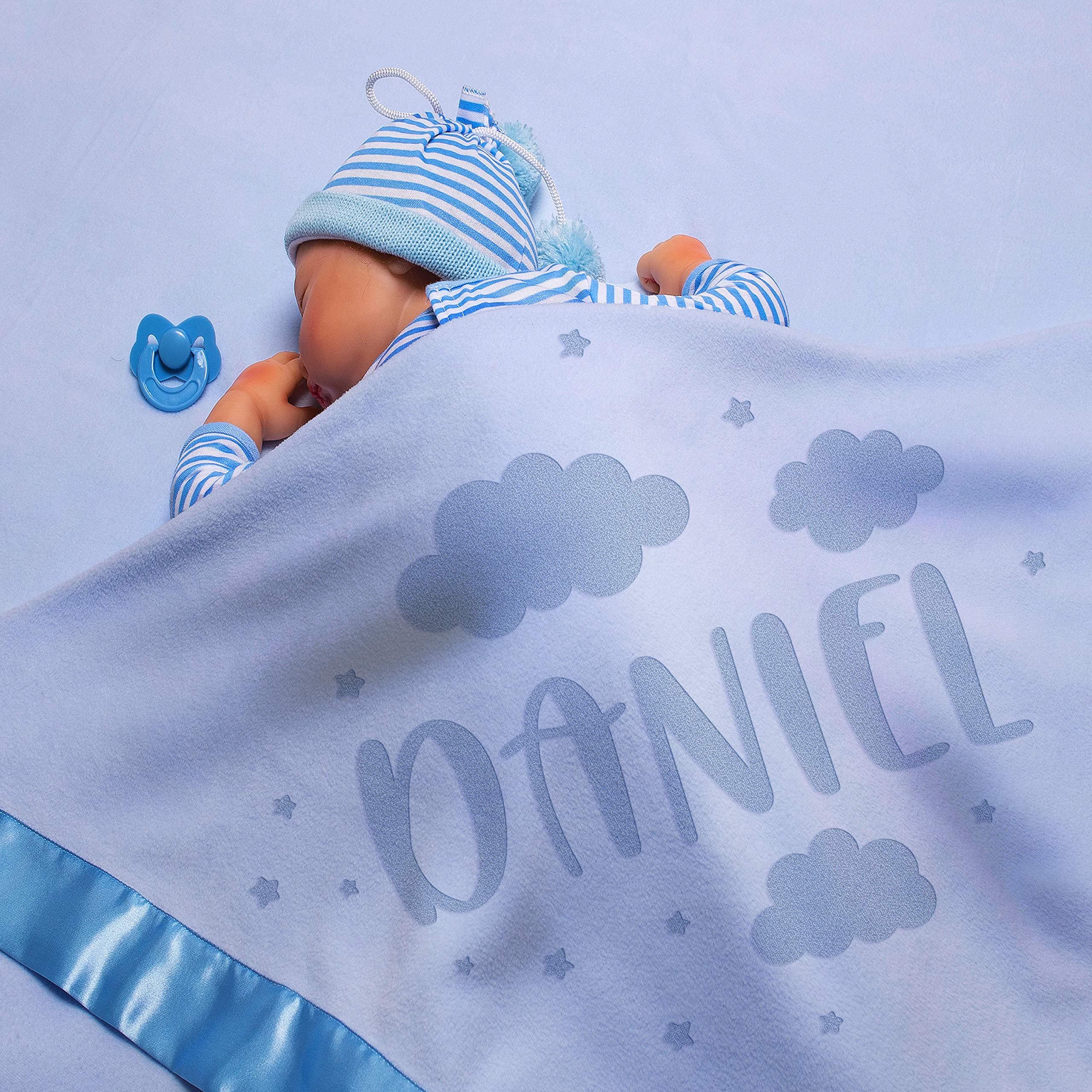 Be Burgundy Personalized Baby Blankets w/Name - Large Baby Receiving Blanket - 36x36 in | Satin Trim, Fleece | Blue - Baby Boy Gifts, Baby Stuff, Welcome Baby Gifts for Newborns | Clouds