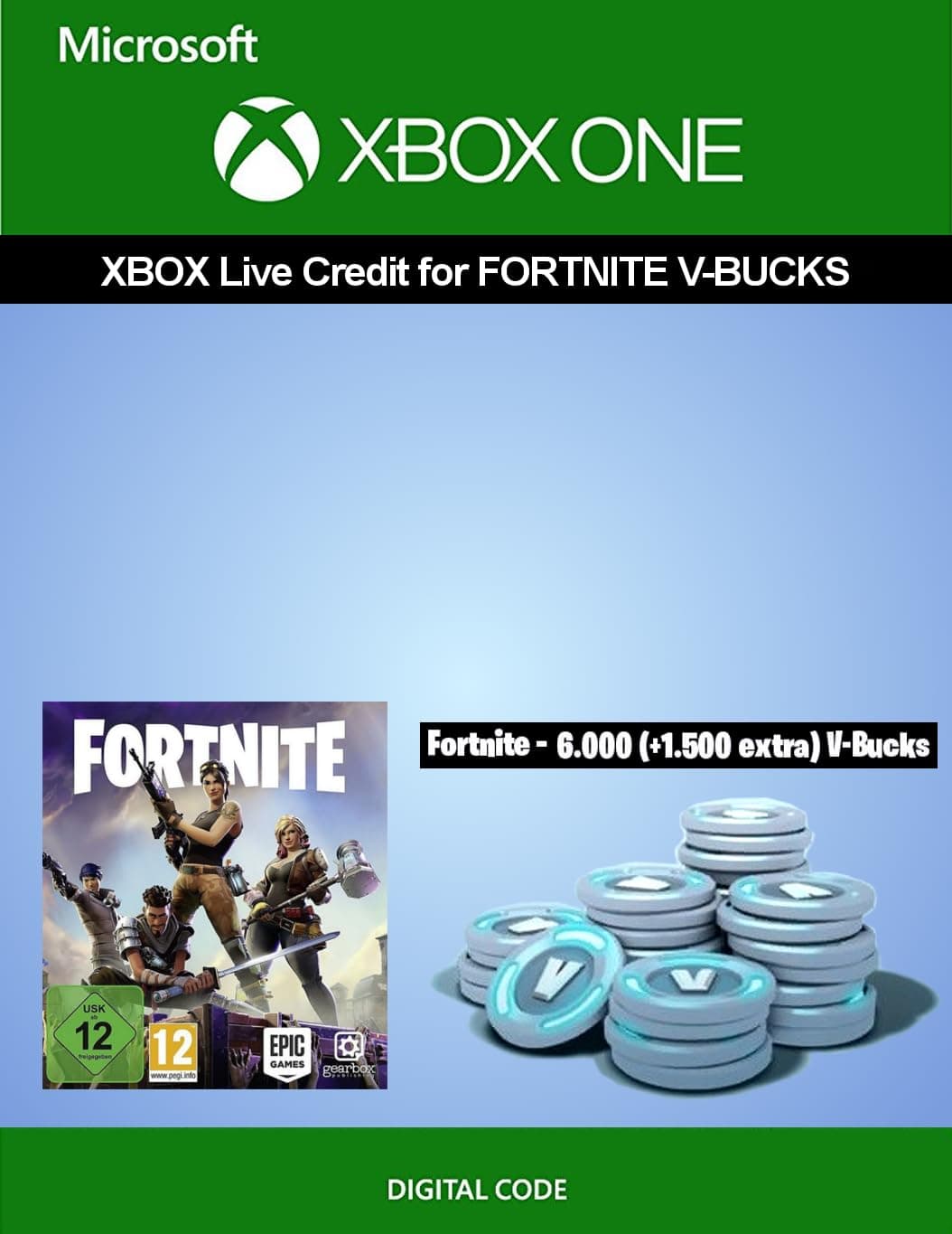Xbox Live credit for Fortnite - 6.000 V-Bucks + 1.500 extra V-Bucks | Xbox One - Download Code