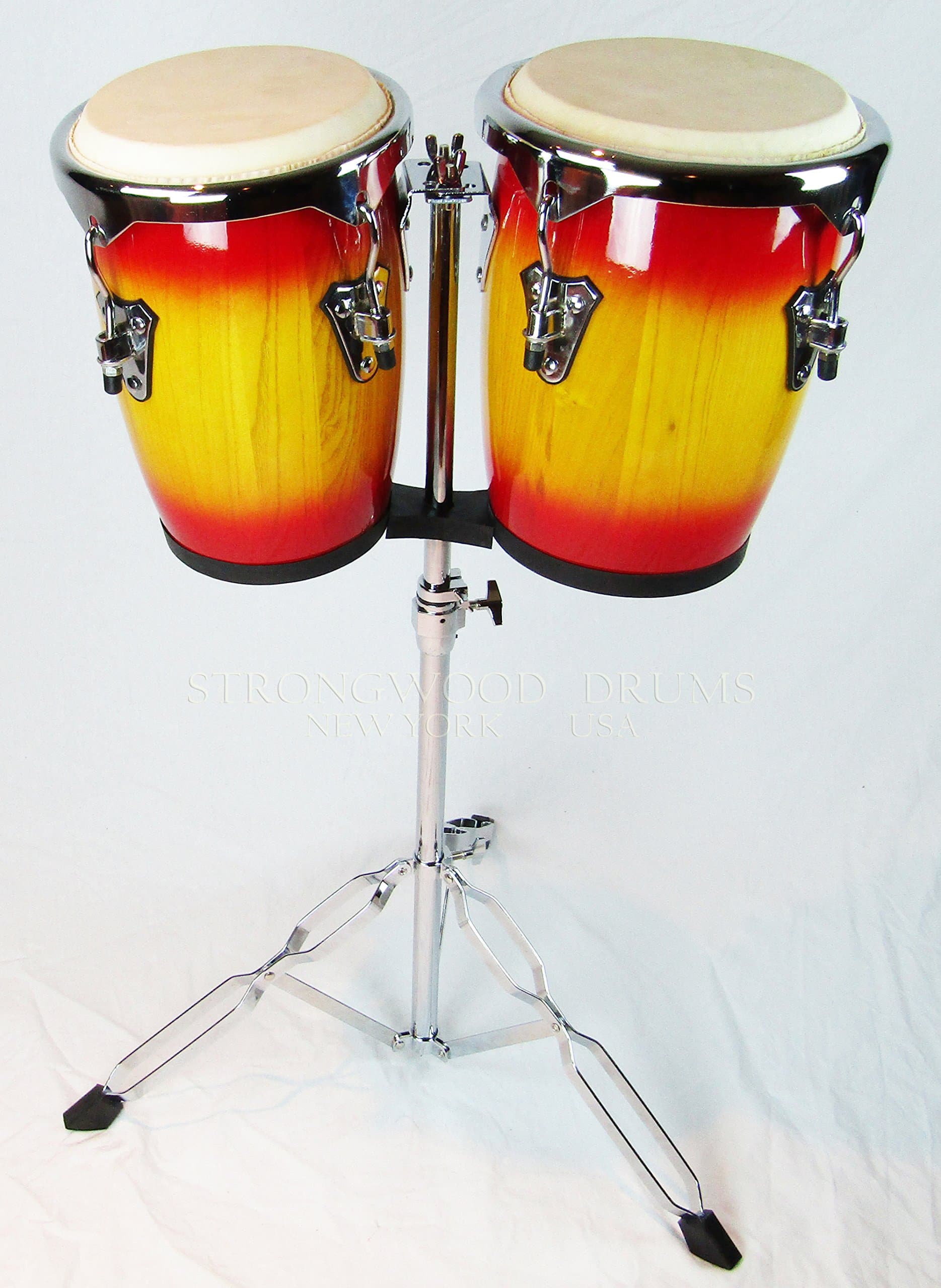 Mini Conga Set 9" 10" with Chrome Stand, Natural Skins, in Red Sunset Burst Gloss Finish