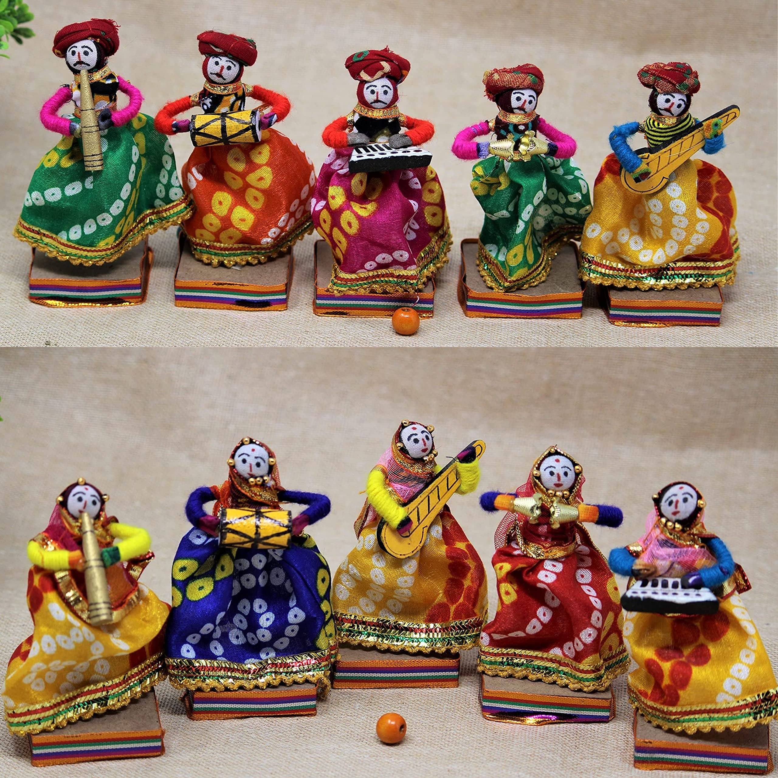 JH Gallery Rajasthani Multicolor Musician Bawla Puppets Idol, Set of 10, (5 Male & 5 Female)