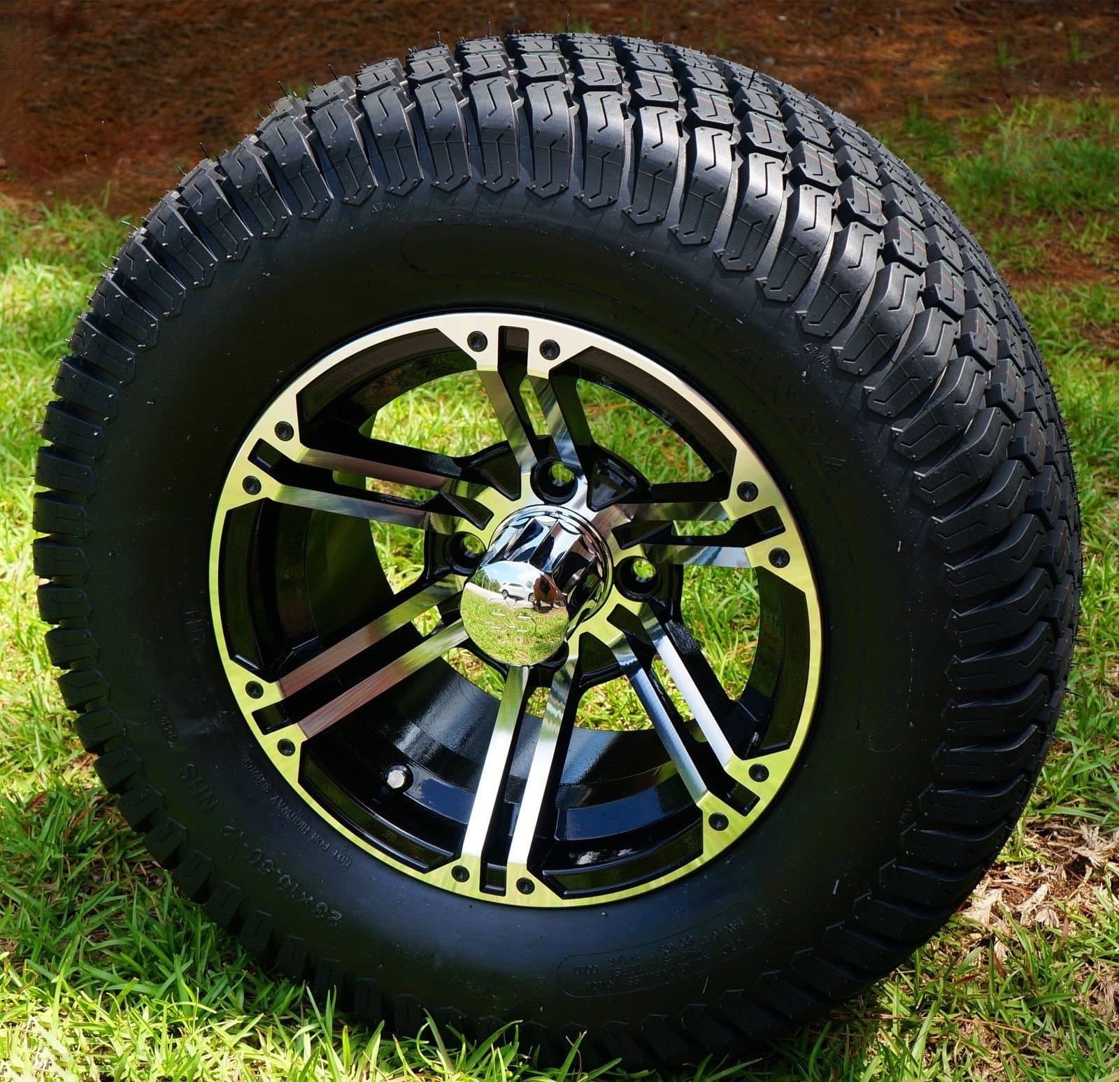GOLF CART 12"X 7" BLK/MACH TERMINATOR WHEELS & 23" STREET TURF TIRES-SET OF 4