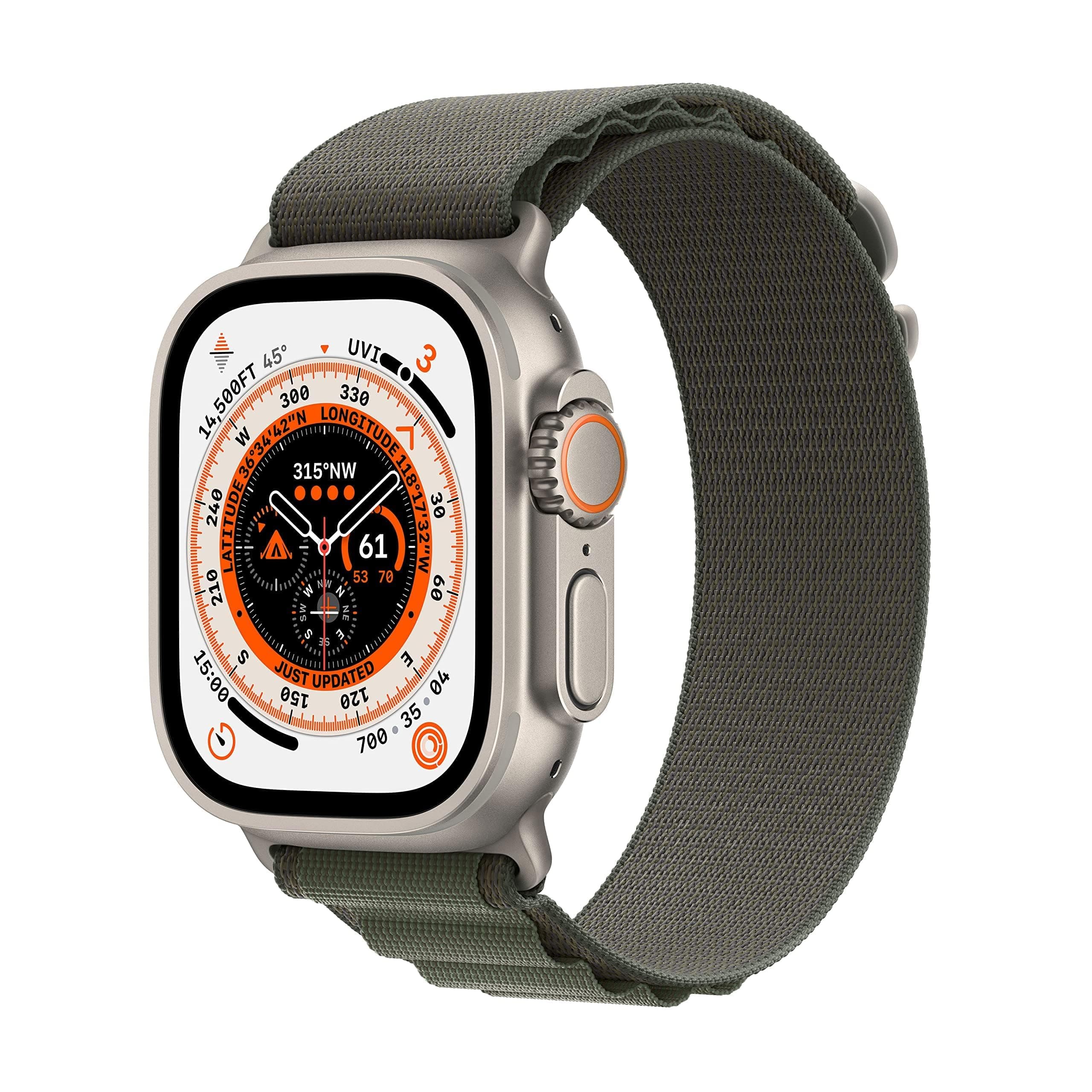 Apple Watch Ultra [GPS + Cellular 49mm] Titanium Case with Green Alpine Loop, Small (Renewed)