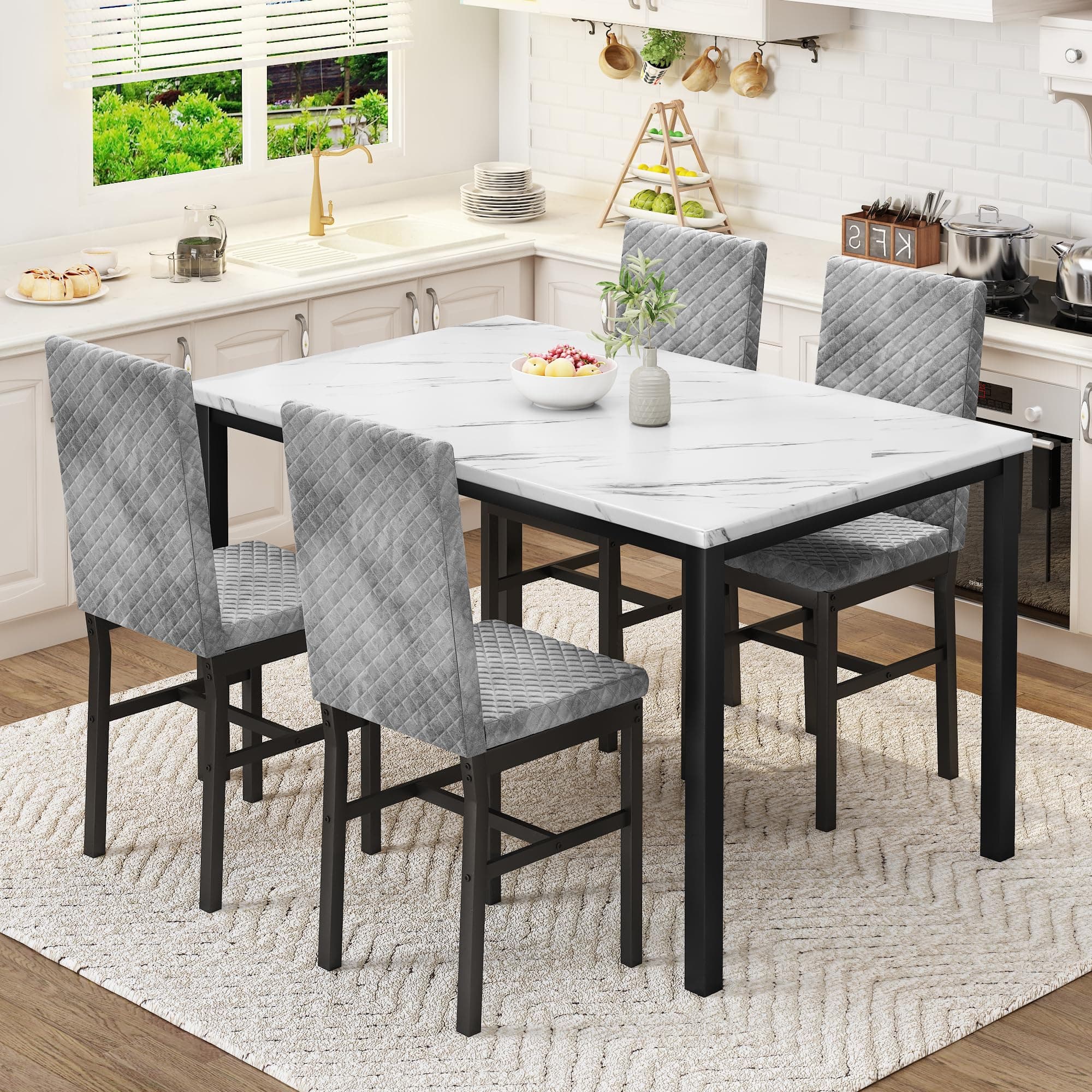 HOOSENG Dining Table and Chairs Set 4, Faux Marble Tabletop with 4 Upholstered Velvet Chairs, Kitchen Table Set for Apartment, White & Grey
