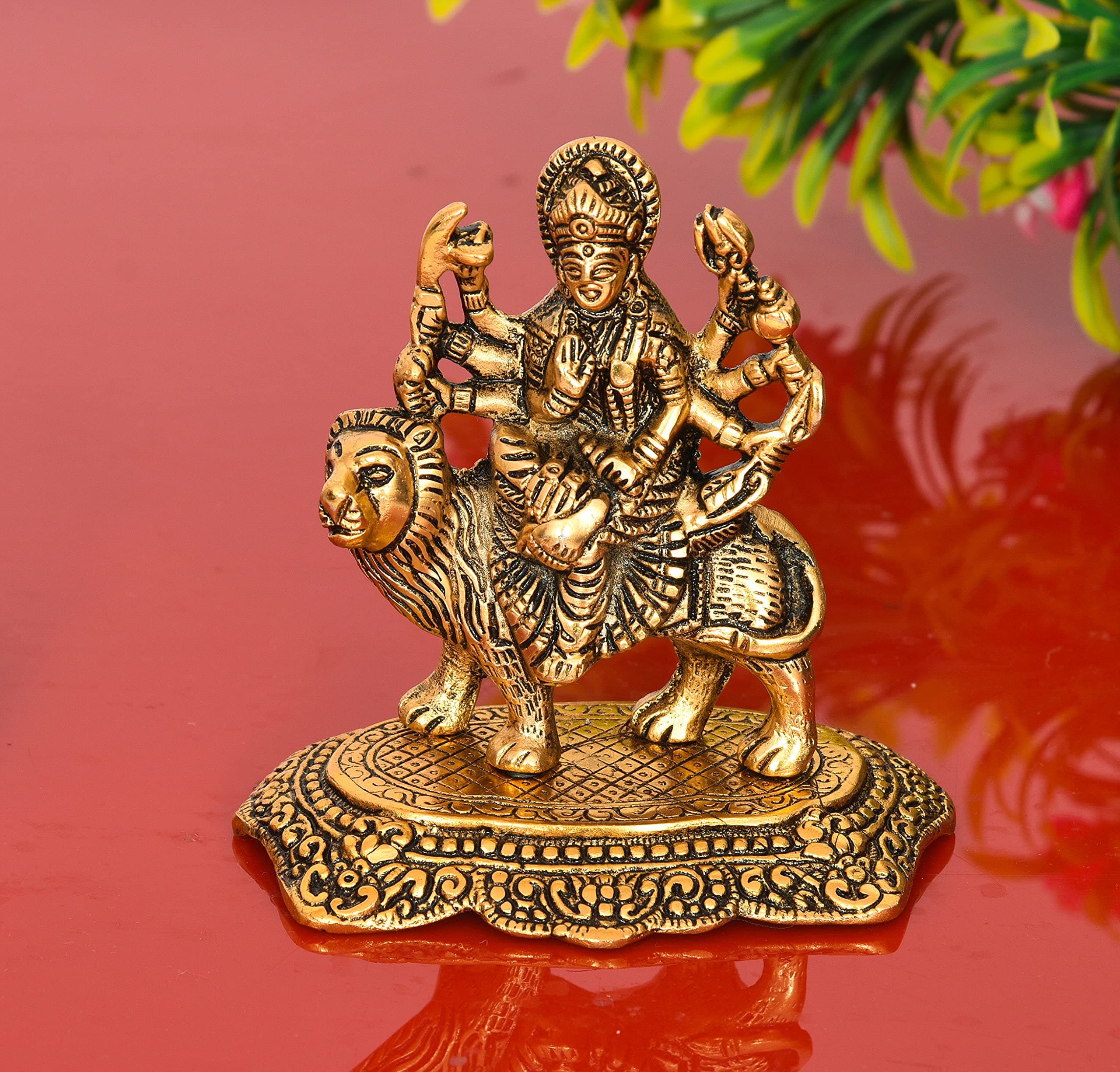 Nirmal Handicraft Durga Maa Hindu Goddess Statue, MATA Rani | Maa Durga Statue with Lion Figurine for Home,Temple, Pooja Decorative, Desk, Car - 13 cm (Aluminium, Gold)