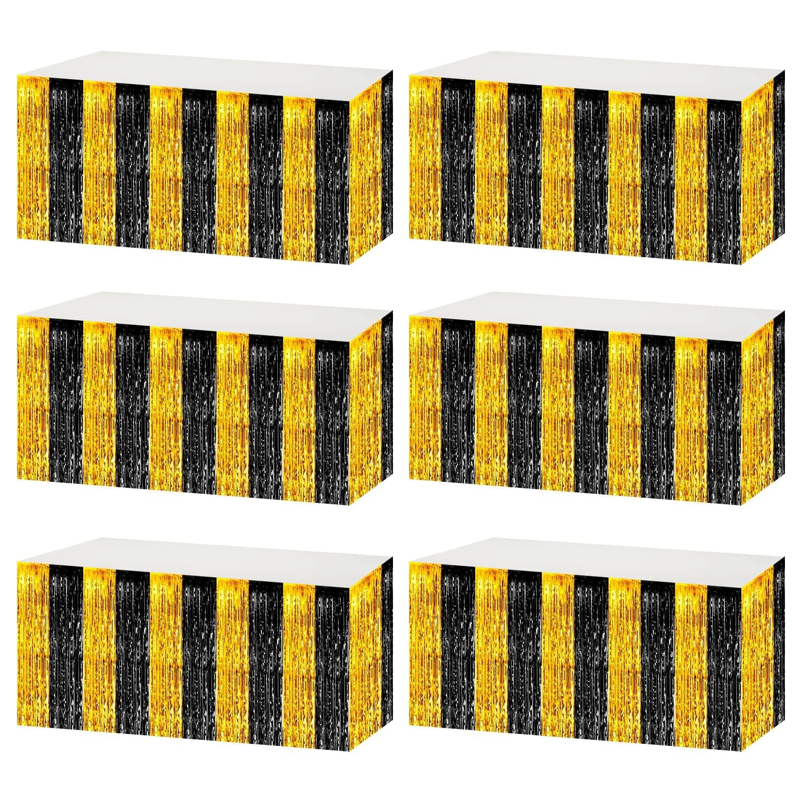 6 Pack 29x108 Inch Black Gold Metallic Foil Fringe Tinsel Table Skirts for Rectangle Tables Streamer Curtains Backdrop for Wedding, Parade Floats, Valentine's Day Birthday Graduation Party Decoration