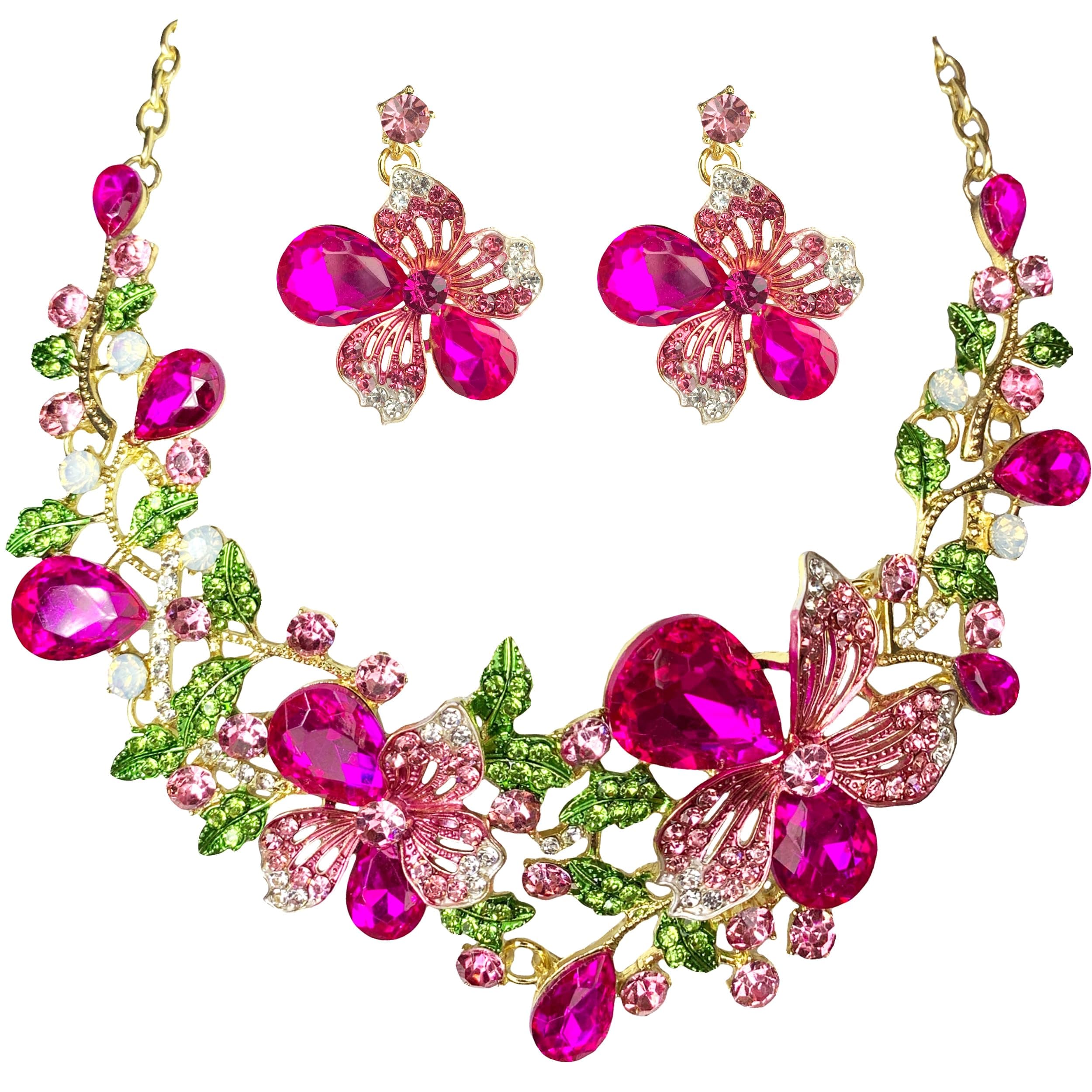 Crystal Flower Bib Statement Necklace Set Chunky Diamond Flower Statement Necklace & Earrings Drama Bib Collar Jewelry Set for Women Prom Party Jewelry