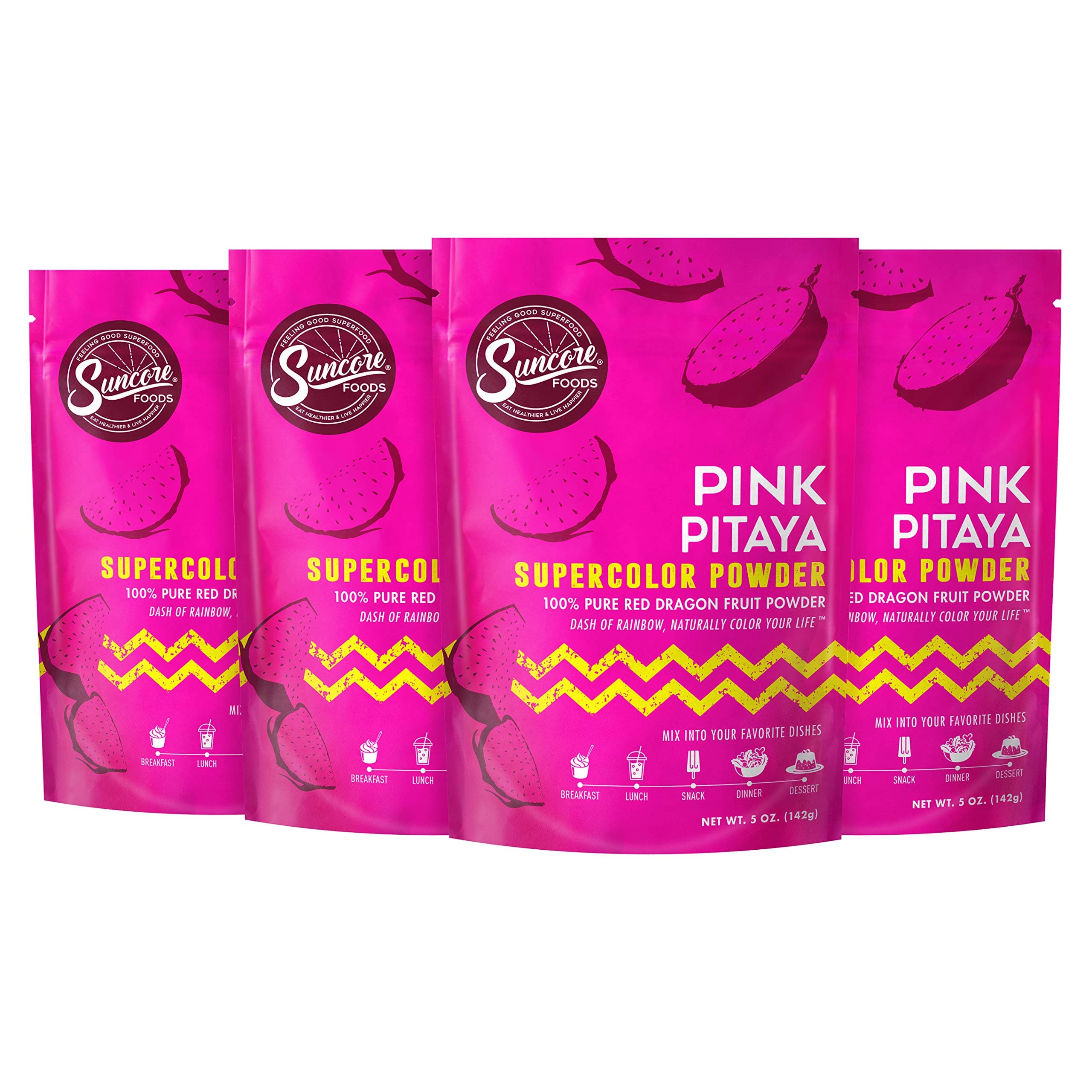 Suncore Foods – Premium Pink Pitaya Supercolor Powder, 5oz each, 20oz total (4 Pack) – Natural Red Dragon Fruit Food Coloring Powder, Plant Based, Vegan, Gluten Free, Non-GMO