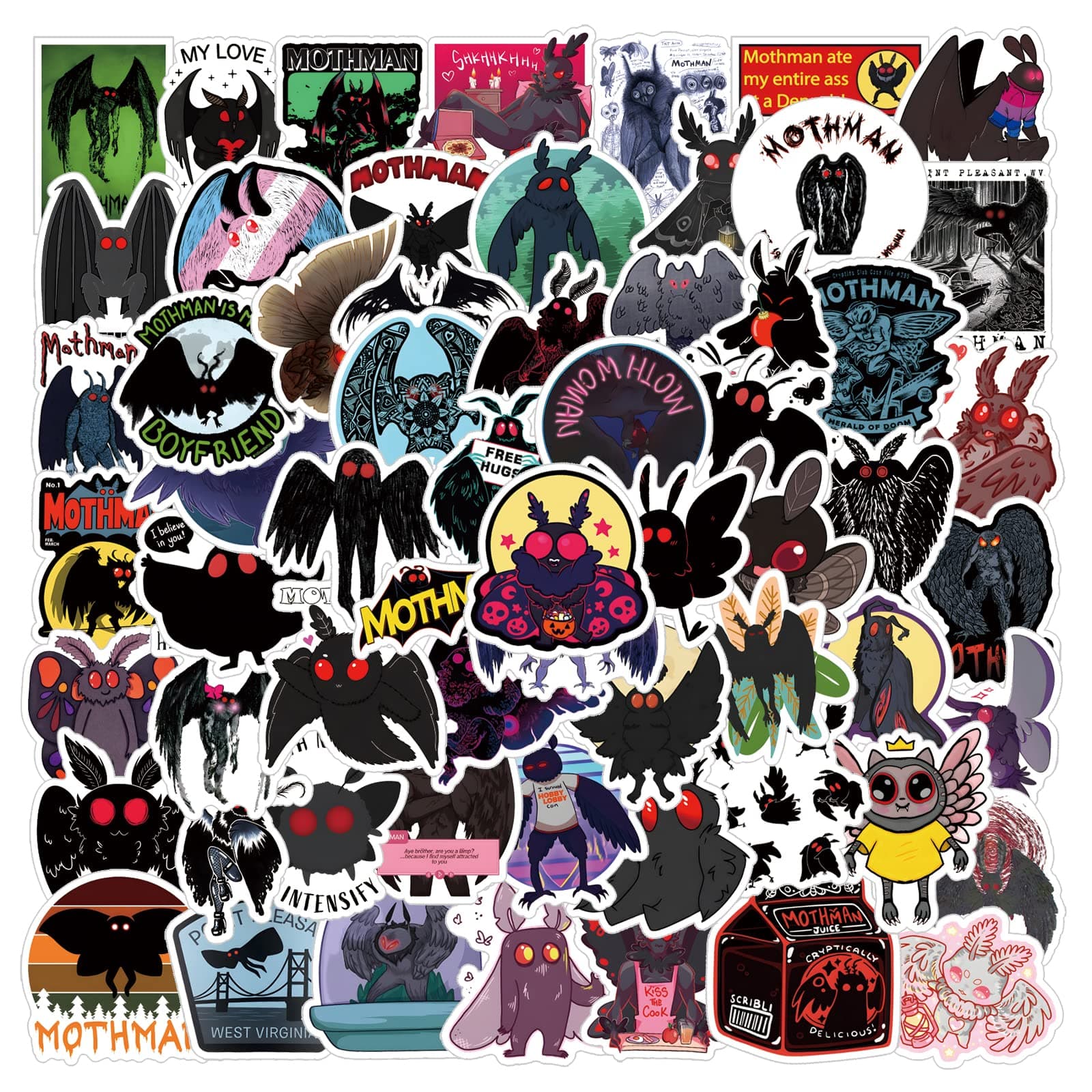 63Pcs Mothman Stickers, Cryptid Cartoon Aesthetics Vinyl Decals Waterproof Stickers for Helmet Laptop Phone Water Bottles for Adults for Birthday Halloween Party Supplies Decoration Favors