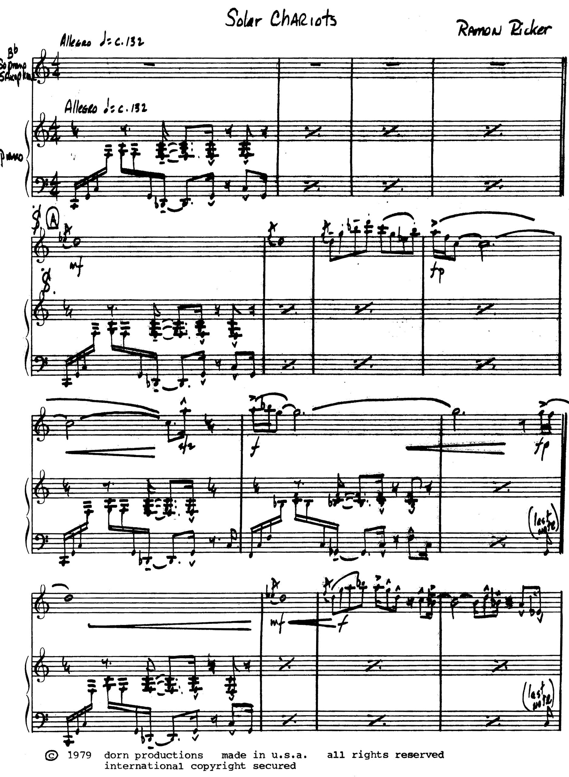 Solar Chariots for Soprano Saxophone and Piano by Ramon Ricker