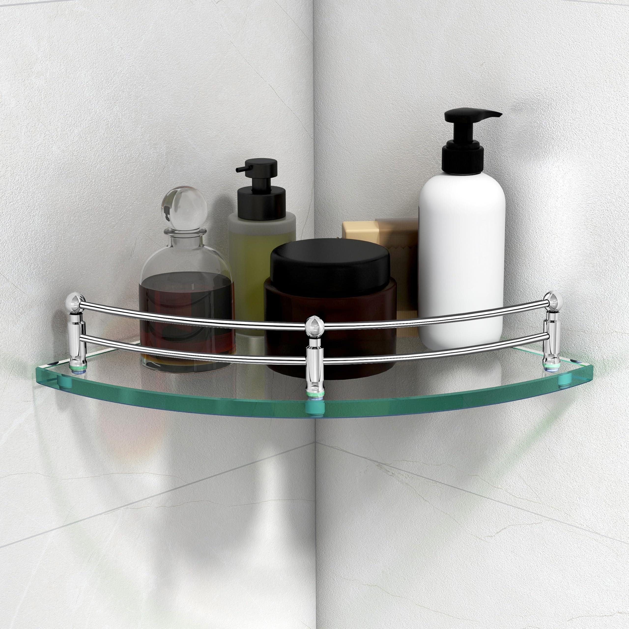 Plantex Glass Corner Shelf for Bathroom Wall/Bathroom Glass Shelf/Bathroom Corner Shelf/Corner Shelf for Kitchen (Transparent-9x9 Inches-Pack of 1)