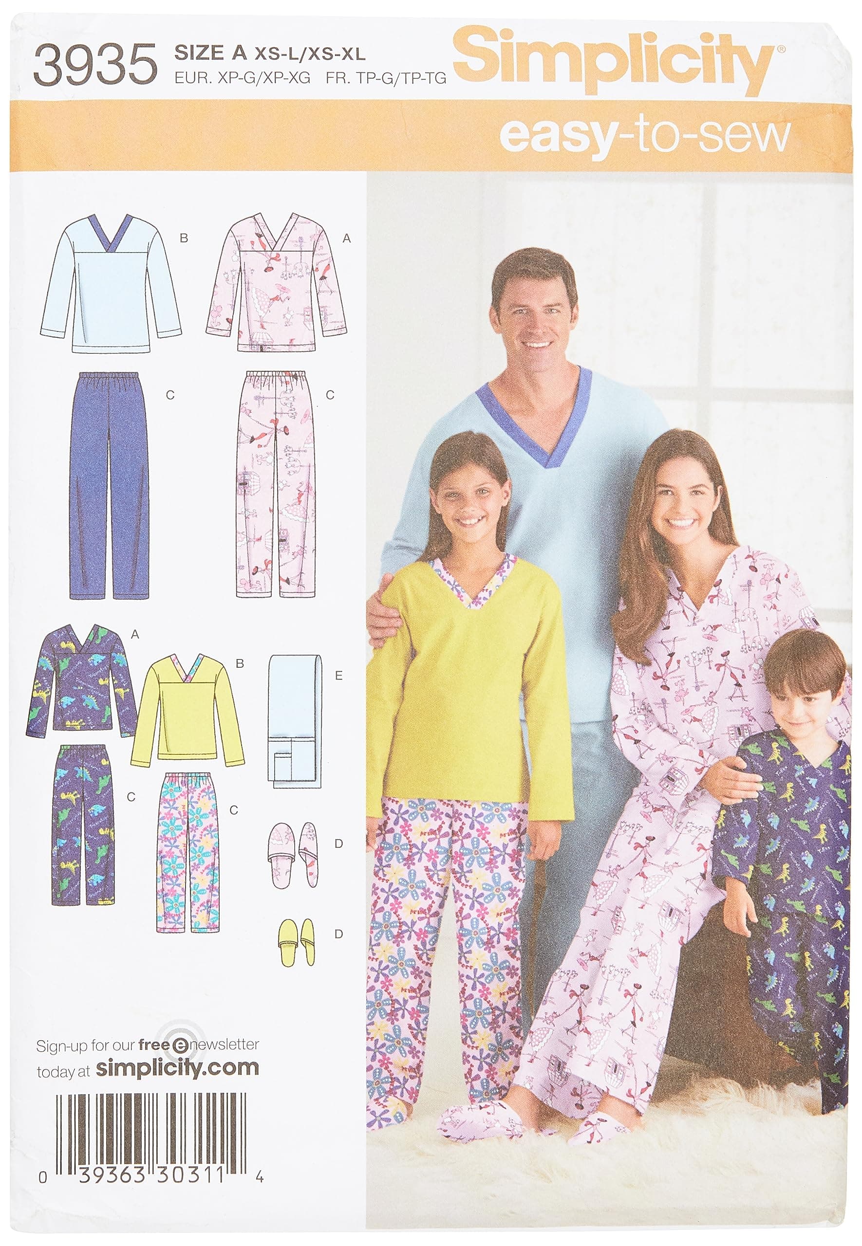 Sewing Pattern 3935 Miss/Men/Child Sleepwear, A (XS-L/XS-XL)