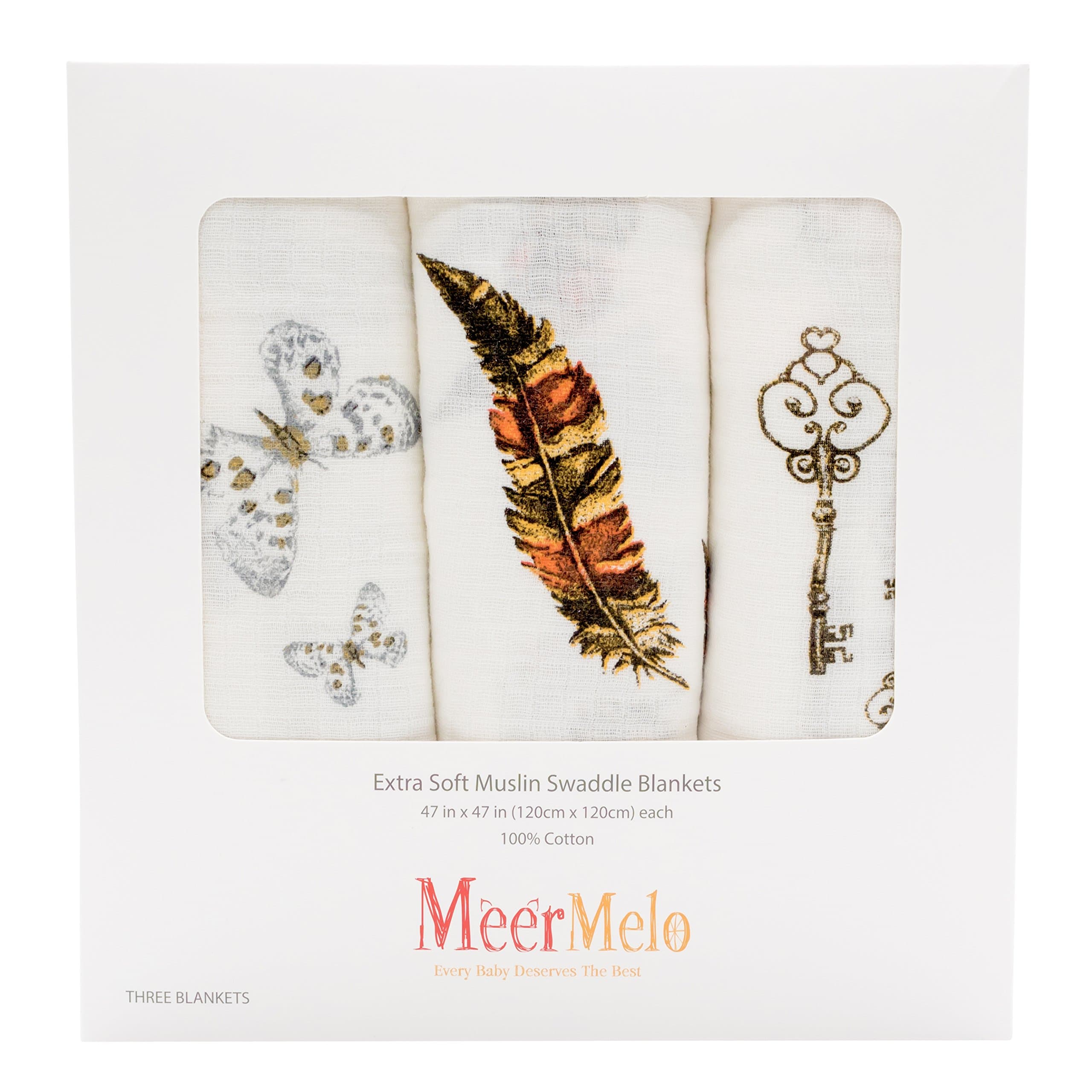 MeerMelo Organic Cotton Muslin Swaddle Blankets Set | 47 x 47 Extra Soft | Unisex Muslin Swaddle Blankets with Beautiful Watercolor Prints | Use for Carseats, Strollers, Nursing, Swaddling