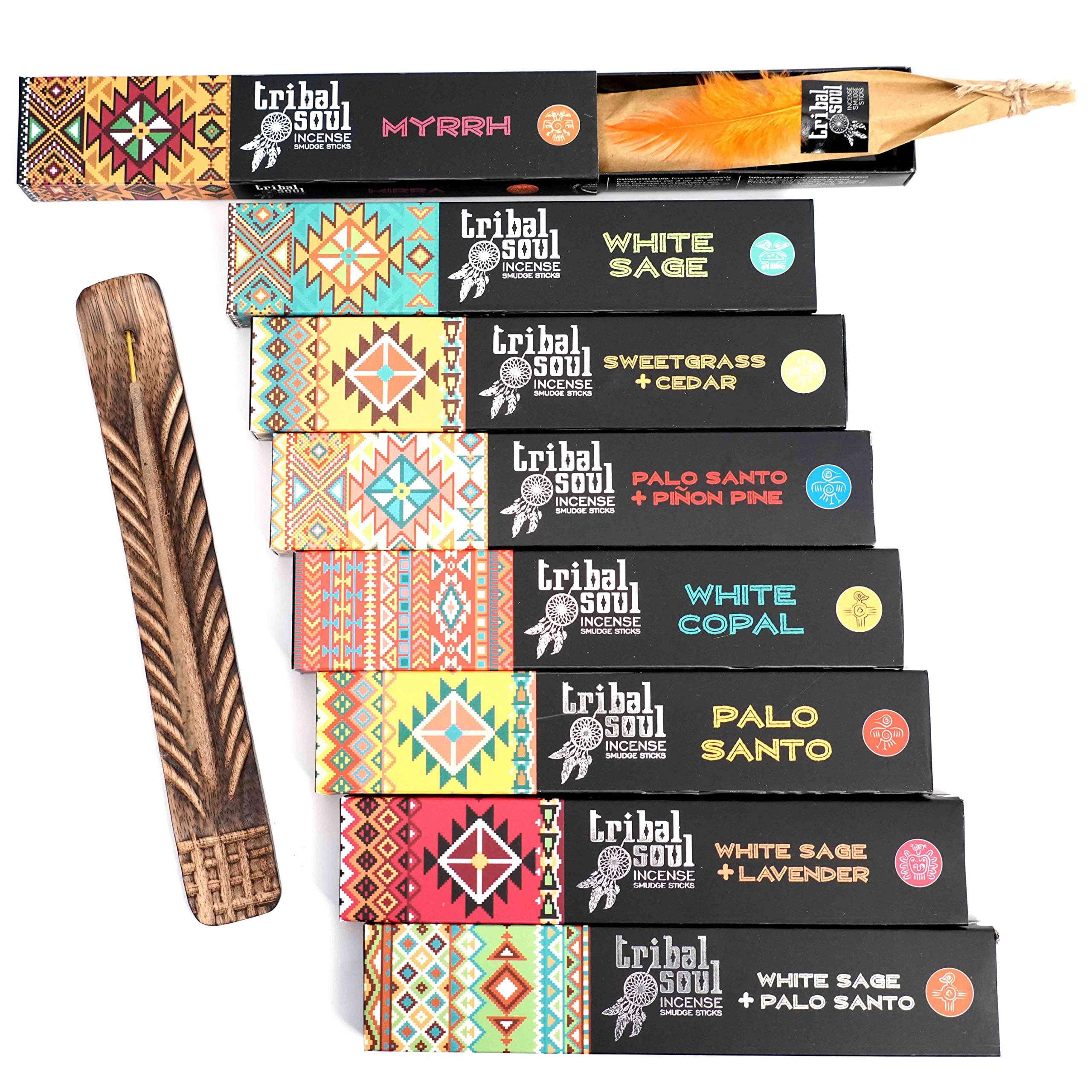 Tribal Soul INTB(8) Incense Smudge Sticks, Assorted Gift Set Includes 8 Fragrances (15g, Each), Exotic Mango Wood Hand Carved Feather Incense Burner Included