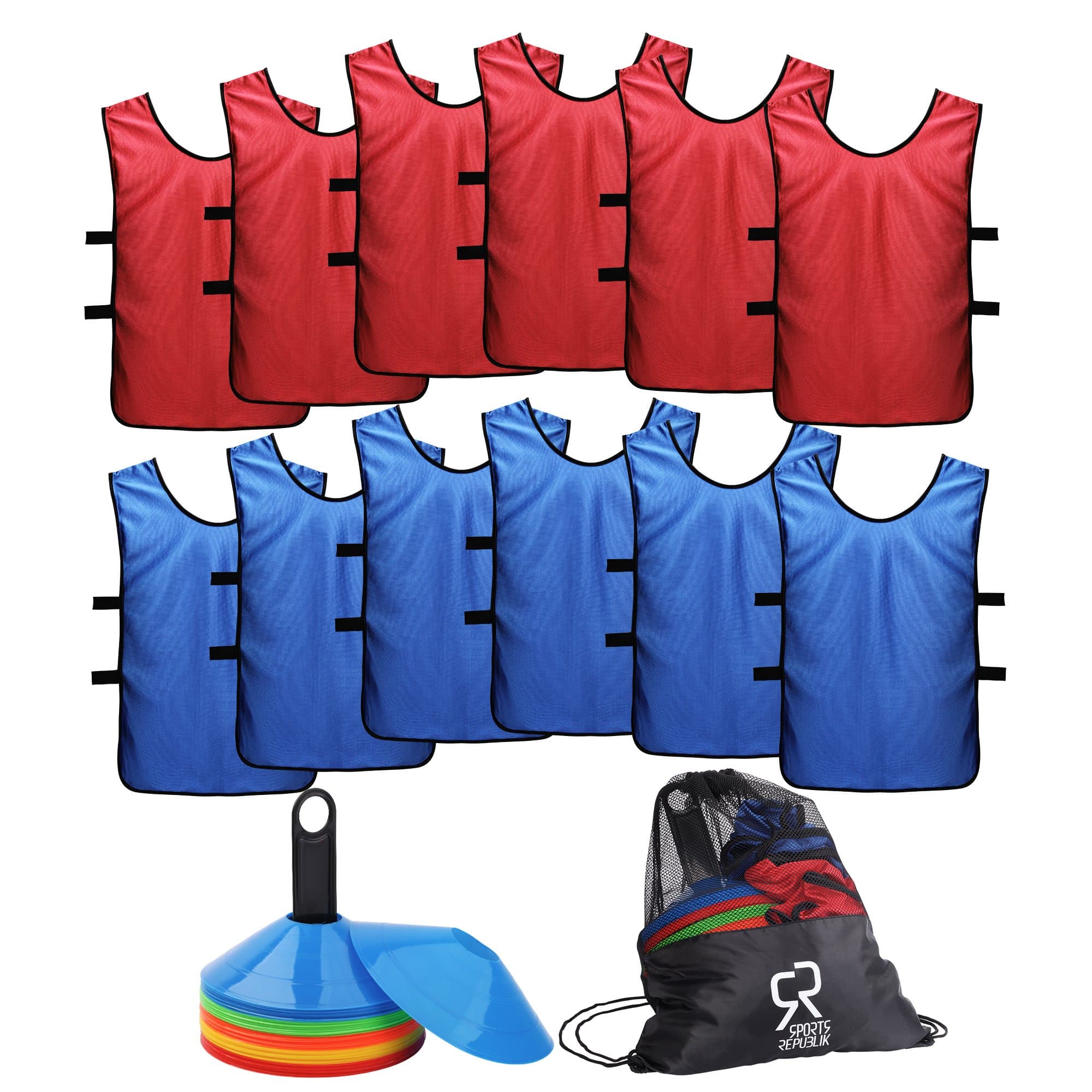 SportsRepublik Football Cones and Bibs Training Set for Juniors and Adults (12-Pack) | Perfect Agility Cones for Football Training Equipment | Training Bibs and Sports Marker Cones