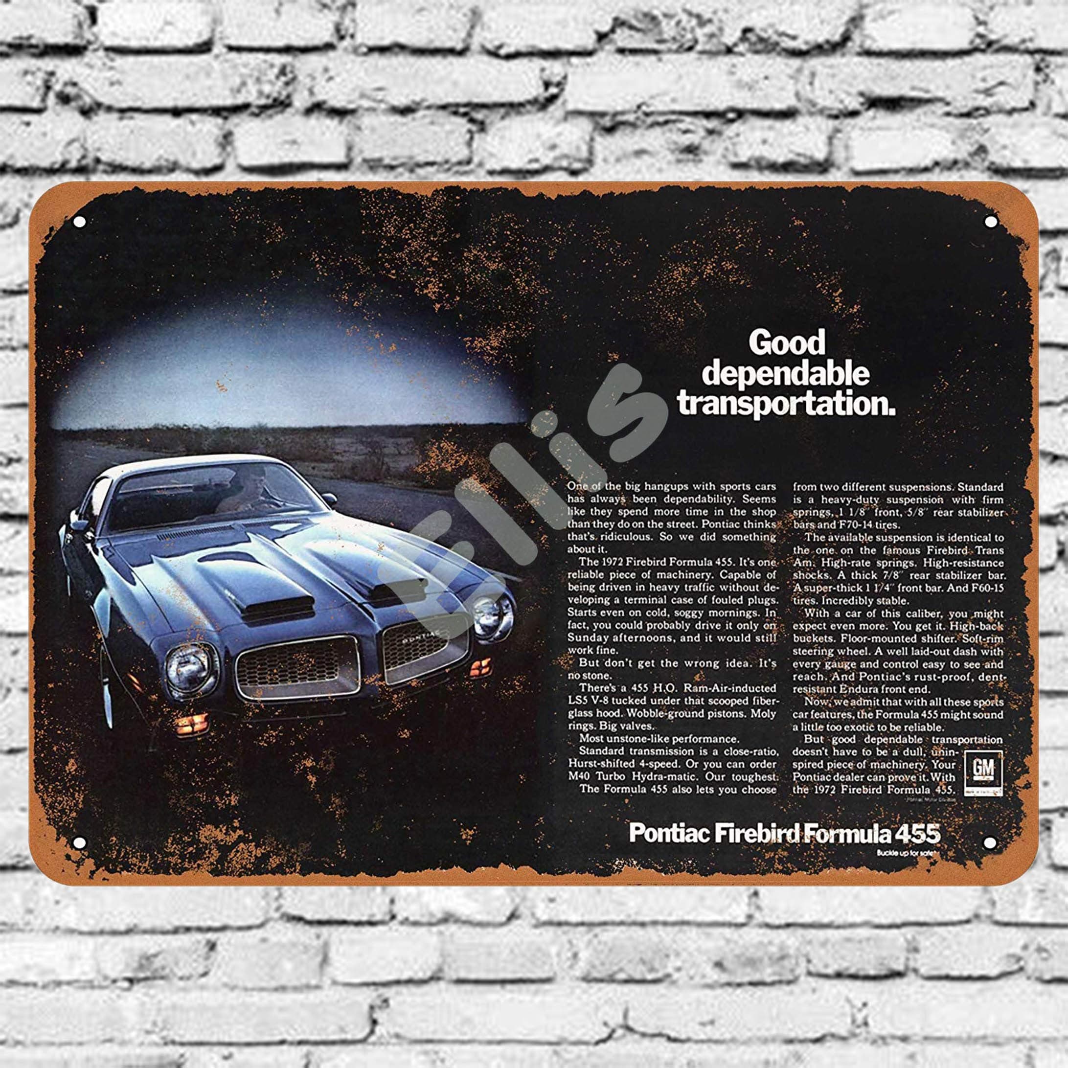 Ellis 1972 Pontiac Firebird Formula 455 Vintage Retro Metal Tin Sign Wall Decoration for Store Man Cave Bar Home Garage