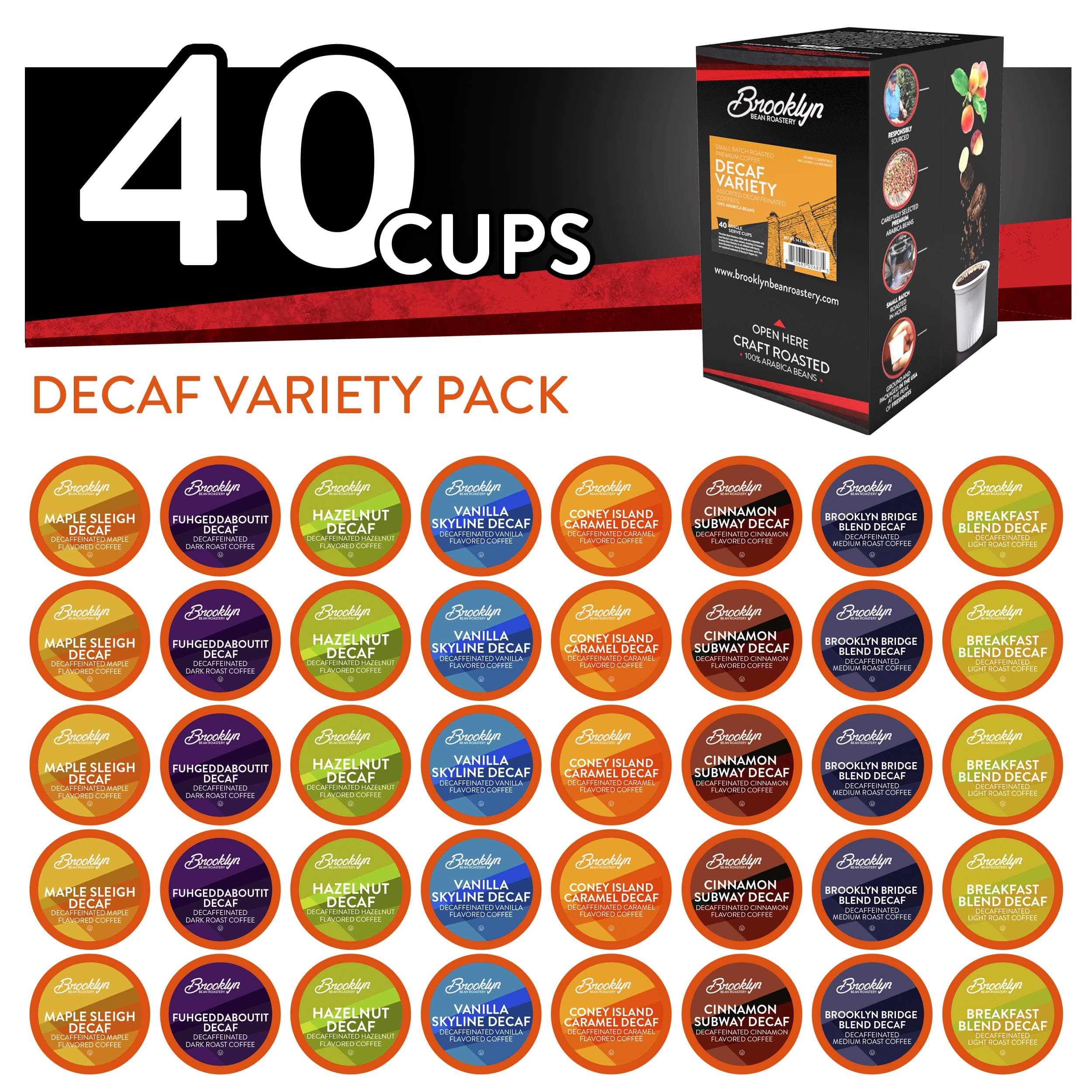 Brooklyn Beans Decaf Variety Pack Coffee Pods for Keurig K Cups Coffee Maker, 40 Count