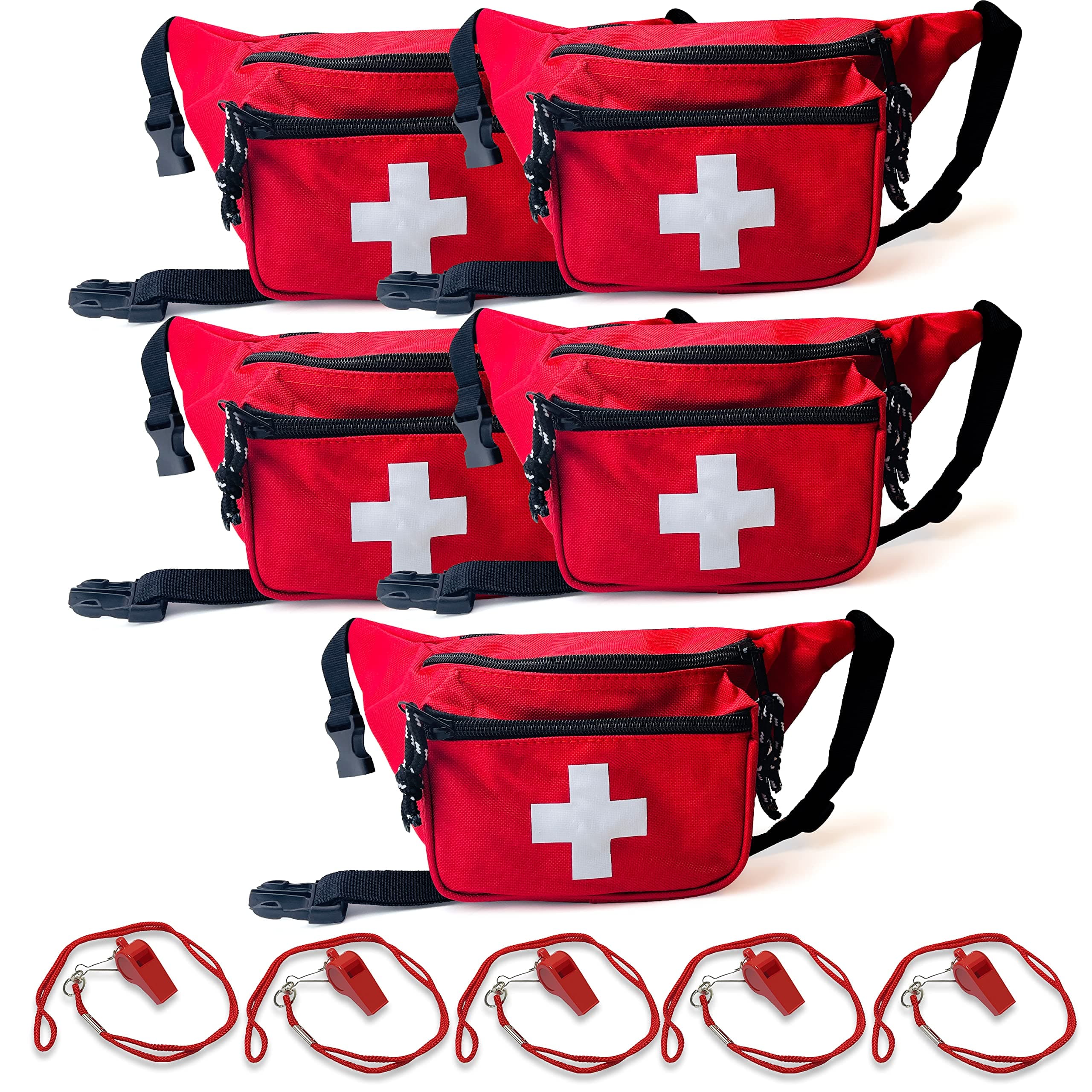 5 Pack Lifeguard Fanny Pack With Whistle Lanyard - Baywatch Style First Aid Hip Pack w/Adjustable Strap, Cross Logo + Zipper Pouch, Emergency Equipment Set Red